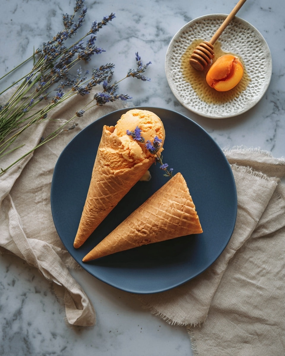 A dark blue plate holds two waffle cones; the first cone is empty, tipped on its side at the bottom left, and the second cone is filled with orange-colored ice cream topped with small purple flowers, resting near the center. To the top right of the plate is another empty waffle cone tilted with an orange apricot partly inside it. Above the cones, a small white plate with a textured pattern sits on a white marbled surface, with honey pooled in the middle and a wooden honey dipper resting on top. A light beige textured cloth partially covers the surface under the plate, and lavender sprigs lie nearby. Photo taken with an iphone --ar 4:5 --v 7