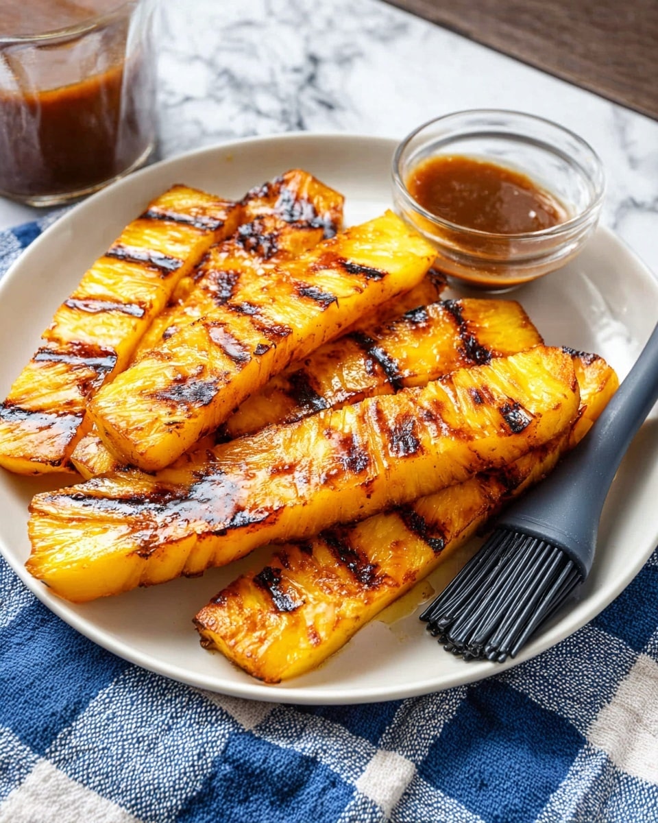 Six pieces of grilled pineapple are placed on a white plate, each piece showing a glossy caramelized orange-yellow color with dark brown grill marks. The pineapples are arranged side by side, slightly overlapping each other. A black silicone brush lies next to the pineapple on the right side of the plate. Behind the plate, a small glass bowl filled with brown sauce is partially visible, along with a blue and white checkered cloth on a white marbled surface. Photo taken with an iphone --ar 4:5 --v 7