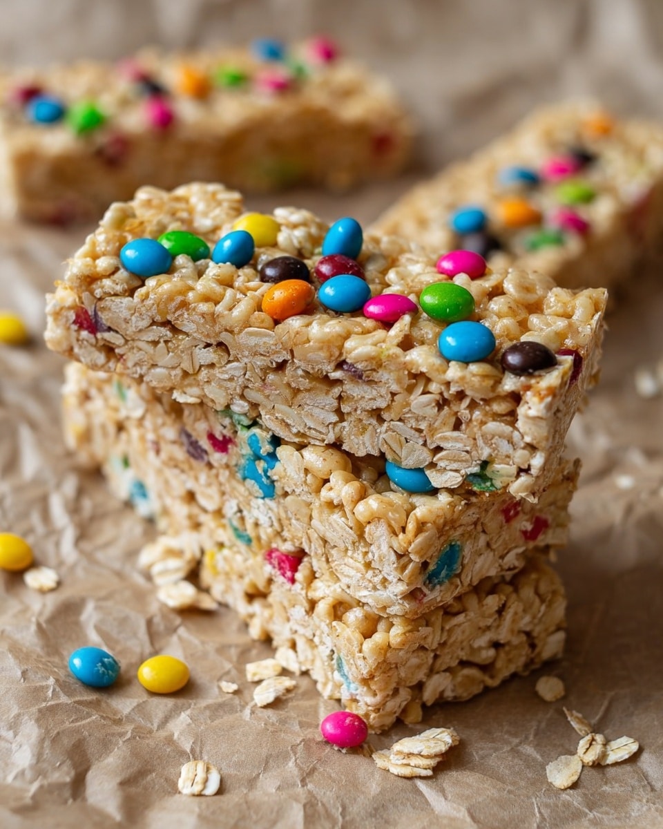 The image shows a stack of three cereal bars made from oats and puffed rice, each rectangular in shape with a rough texture. The top layer is covered with small, colorful candy pieces in bright blue, green, pink, orange, red, yellow, and black colors scattered unevenly. The bars have a light brown color from the oats and look sticky with a chewy texture. They sit on a crumpled sheet of brown parchment paper with scattered cereal and candy pieces around. In the background, there are two more similar cereal bars out of focus on the same parchment paper. The photo taken with an iphone --ar 4:5 --v 7