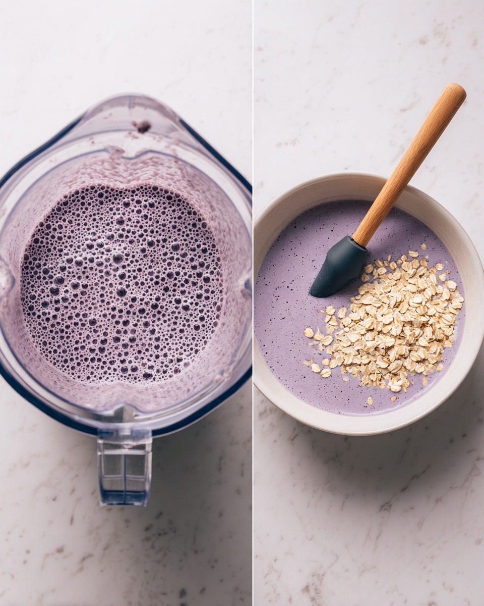 The left side shows a clear blender filled with a light purple liquid covered with many bubbles on the surface, sitting on a white marbled texture. On the right side, there is a white bowl containing a foamy light purple mixture with scattered oats on top, and a wooden spoon with a black silicone scoop resting inside the bowl. The bowl is also placed on the same white marbled surface. photo taken with an iphone --ar 4:5 --v 7
