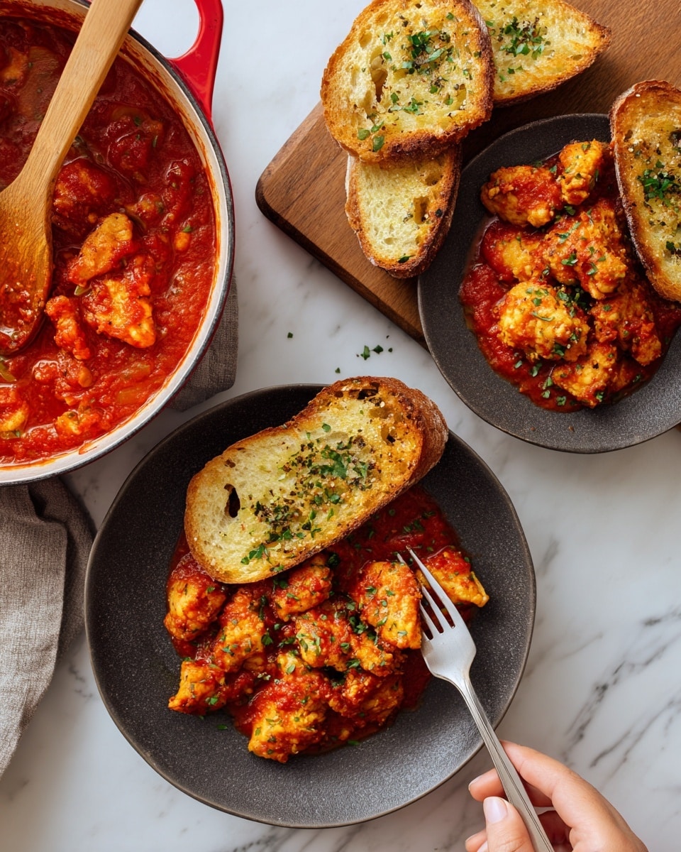 The image shows servings of a dish with bright red tomato sauce mixed with lightly browned, crispy chicken pieces on two dark gray plates. Each plate has two toasted slices of garlic bread with green herbs on top, placed near the chicken. A woman's hand is holding a fork picking into the chicken on the upper plate. In the lower left corner, a red pot with a white inside holds the remaining tomato sauce with a wooden spoon resting in it. The scene is set on a white marbled surface with a wooden cutting board holding another piece of garlic bread on the side. Photo taken with an iphone --ar 4:5 --v 7