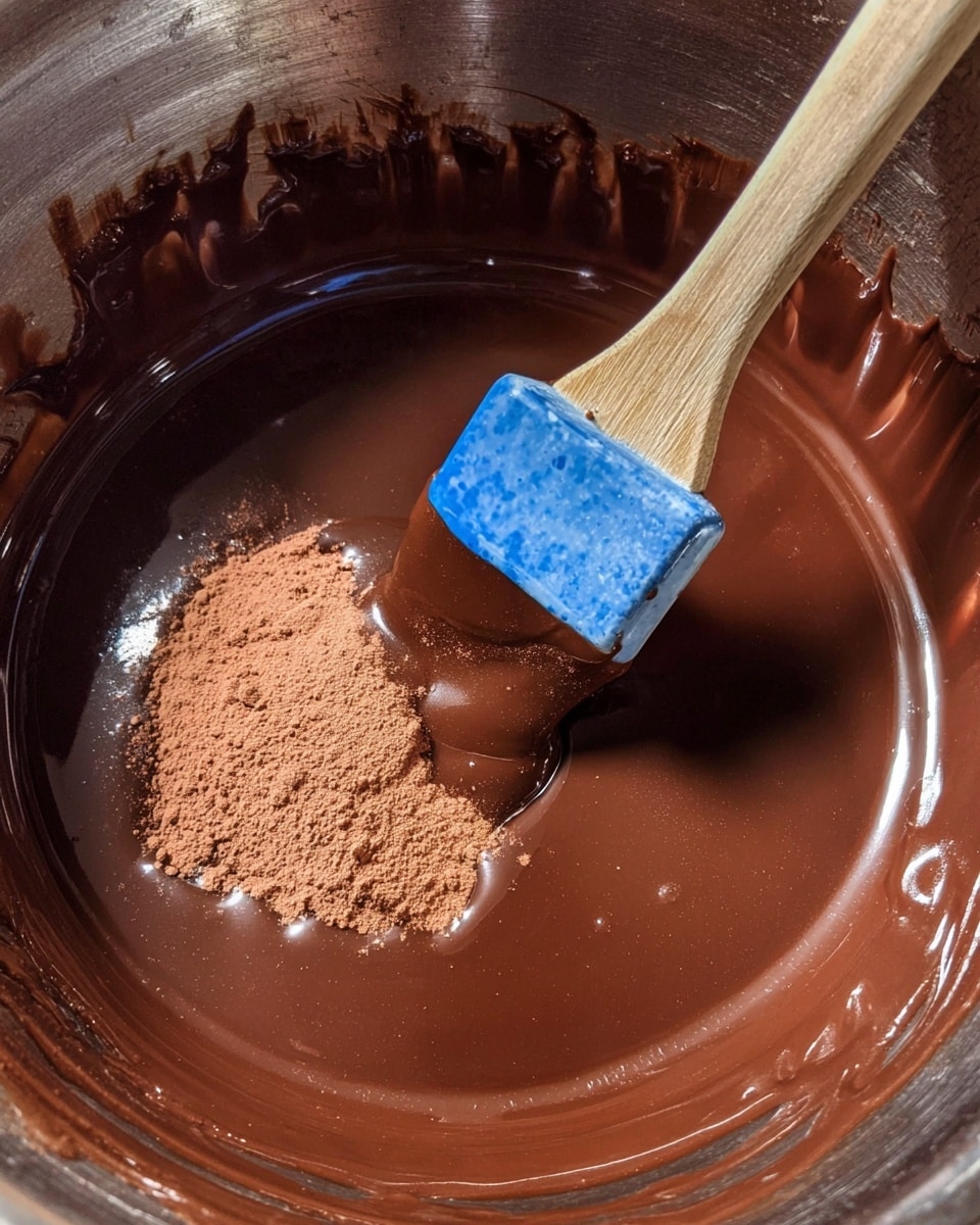 A close-up view of a shiny metal bowl filled with smooth, melted chocolate that is dark brown and glossy. On the surface, there is a small pile of fine cocoa powder, light brown, resting near the center. A wooden spatula with a blue silicone head is dipped into the chocolate, holding some of the mix, with the wooden handle extending out of the bowl. The inside edges of the bowl have streaks of chocolate, and the overall texture of the chocolate looks creamy and rich. photo taken with an iphone --ar 4:5 --v 7