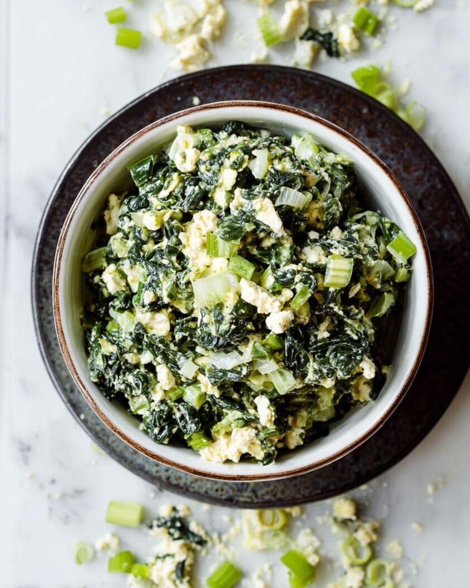 A close-up top view of a bowl on a white marbled surface, filled with a textured mix of cooked chopped spinach and creamy white cheese pieces, all mixed with small light green slices of celery or scallions. The bowl is white with a thin dark rim, placed on a white marbled surface with some scattered bits of the mixture around it, and the bowl sits on a dark round plate. The colors show a mix of deep green, creamy white, and light green, giving a fresh and hearty look. Photo taken with an iphone --ar 4:5 --v 7