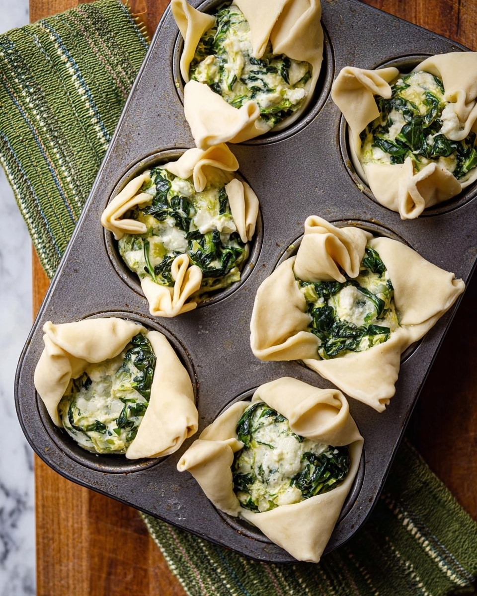 The image shows six uncooked pastry cups in a metal muffin tray, each with a creamy green and white spinach and cheese filling. The dough is light beige, folded over the filling in four points for four of the pastries, creating a flower-like shape with some filling visible in the center. Two of the pastry cups have four wide dough flaps pulled back but not folded over, showing the filling on top. The muffin tray sits on a wooden table next to a green and white striped cloth. The background has a white marbled texture. photo taken with an iphone --ar 4:5 --v 7