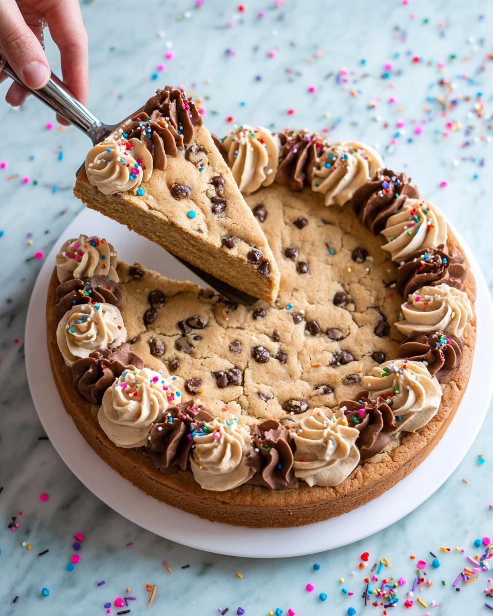 A slice of chocolate chip cookie cake is held by a woman's hand on a silver spatula. The cake has two layers visually: the dense, golden-brown cookie base with dark chocolate chips spread inside, and a ring of piped frosting on top. The frosting alternates between creamy light beige and chocolate brown swirls, each decorated with small, round colorful sprinkles. The cake slice is above a white plate holding the rest of the cookie cake, also decorated with the alternating frosting swirls. The background is light blue with colorful round sprinkles scattered, and the scene sits on a white marbled surface. Photo taken with an iphone --ar 4:5 --v 7