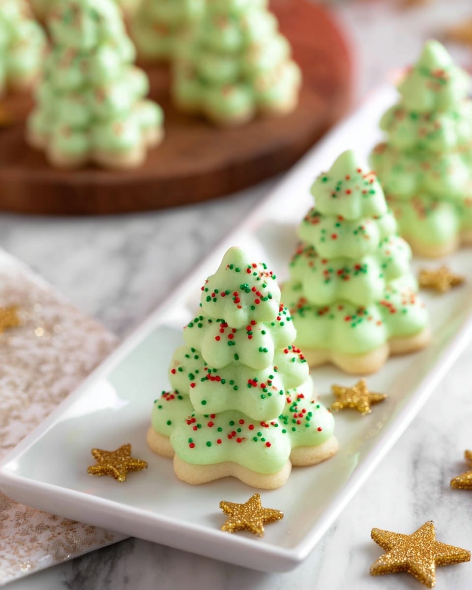 The image shows several small, light green Christmas tree-shaped treats with three layers, each layer slightly smaller as it goes up, creating a tree form. The surface of each tree is smooth and piped with a soft texture, decorated with tiny red and green round sprinkles spread evenly around them. The trees are placed on a long white rectangular plate. Around the trees on the plate are small shiny golden star-shaped decorations. The background has a white marbled texture, and in the blurred background, more of these green Christmas tree treats are visible on a round wooden board. Photo taken with an iphone --ar 4:5 --v 7
