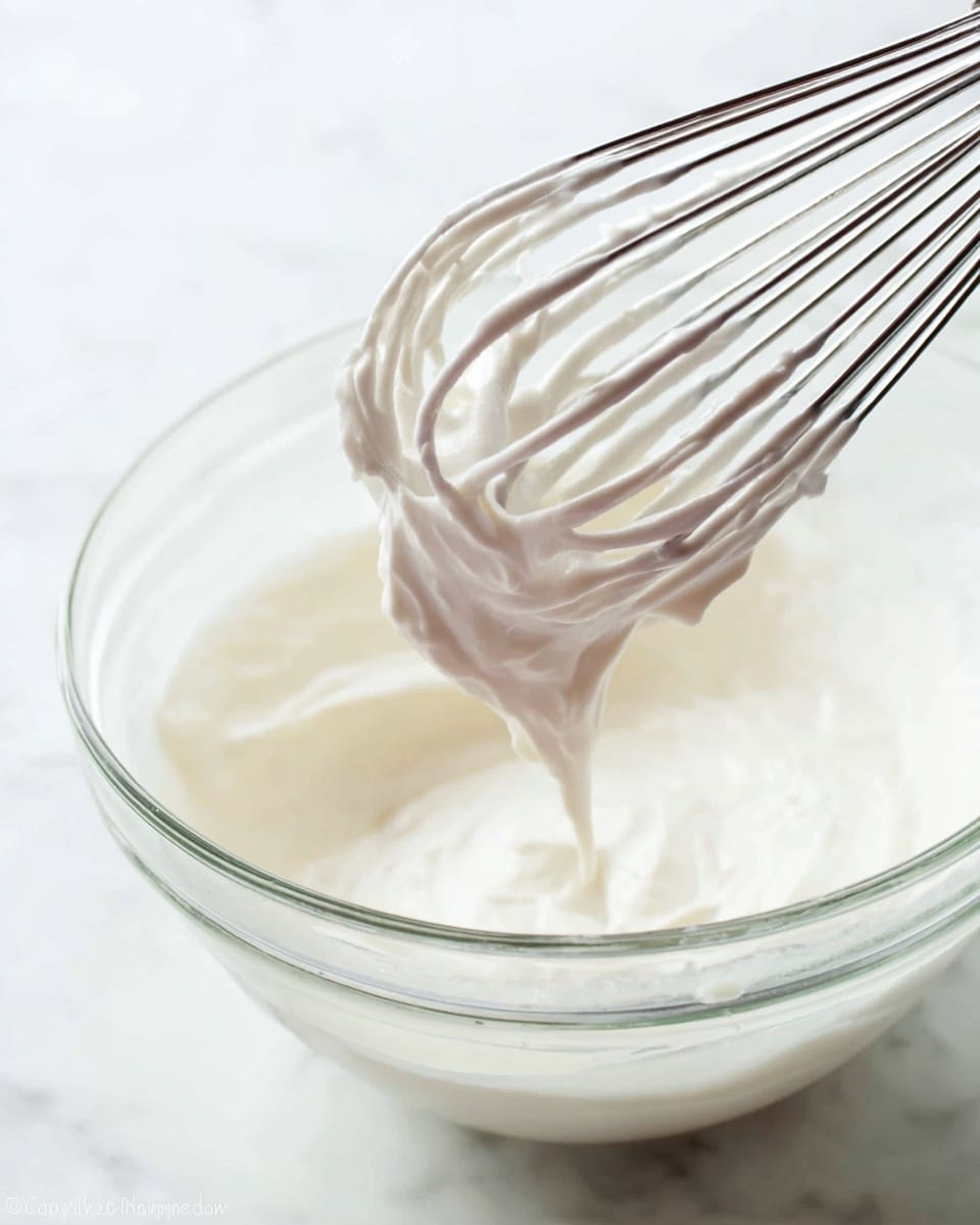 A close-up view of a metal whisk with several thin wires covered in smooth, shiny white cream, held above a clear glass bowl that contains the same creamy mixture, all set on a white marbled surface which is softly lit to highlight the glossy texture of the cream on the whisk and inside the bowl, creating a clean and bright kitchen scene photo taken with an iphone --ar 4:5 --v 7