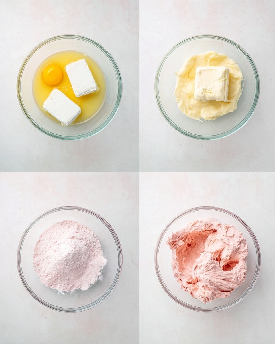 Four clear glass bowls are shown on a white marbled surface, each containing different stages of a mixture. The first bowl, on the top left, has one yellow egg yolk at the bottom with a thick white rectangle of cream cheese and a smaller beige block of butter placed on top. The second bowl, on the top right, shows the same mixture well combined into a smooth, creamy, pale yellow mass. The third bowl, on the bottom left, has added a layer of light pink powder on top of the pale yellow cream in the bowl. The fourth bowl, on the bottom right, displays the ingredients fully mixed into a fluffy pink creamy batter with a thick texture. Photo taken with an iphone --ar 4:5 --v 7