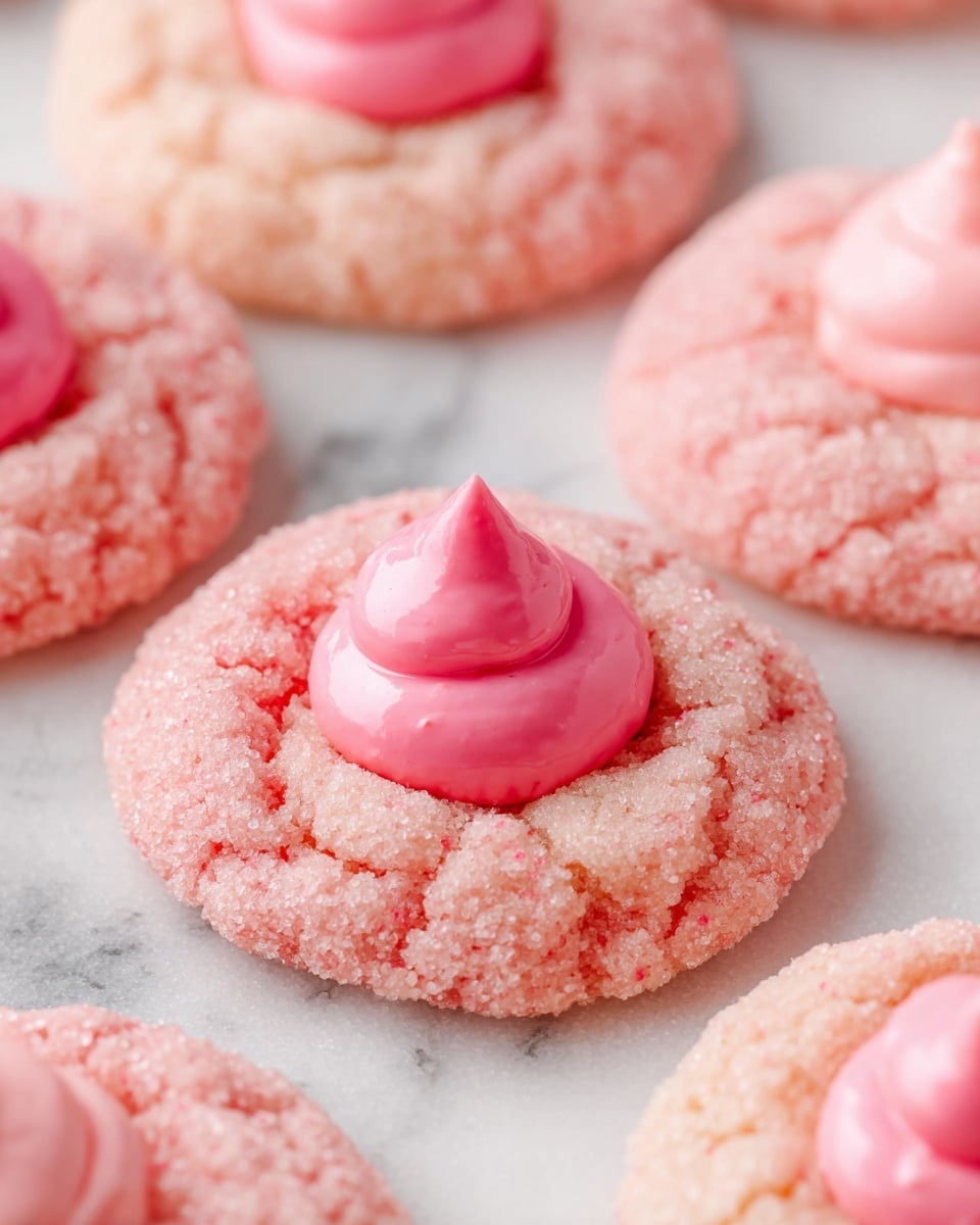 The image shows several pink cookies arranged on a white marbled surface. Each cookie has two layers: a rough, crumbly pink base that is ring-shaped, and a smooth, shiny pink dollop of icing placed in the center of the ring, forming a small peak. The cookies vary slightly in shade from light to medium pink, and some of the cookie bases have a sugary texture that catches the light. The overall look is soft and sweet with a close-up focus on the front cookie. Photo taken with an iphone --ar 4:5 --v 7