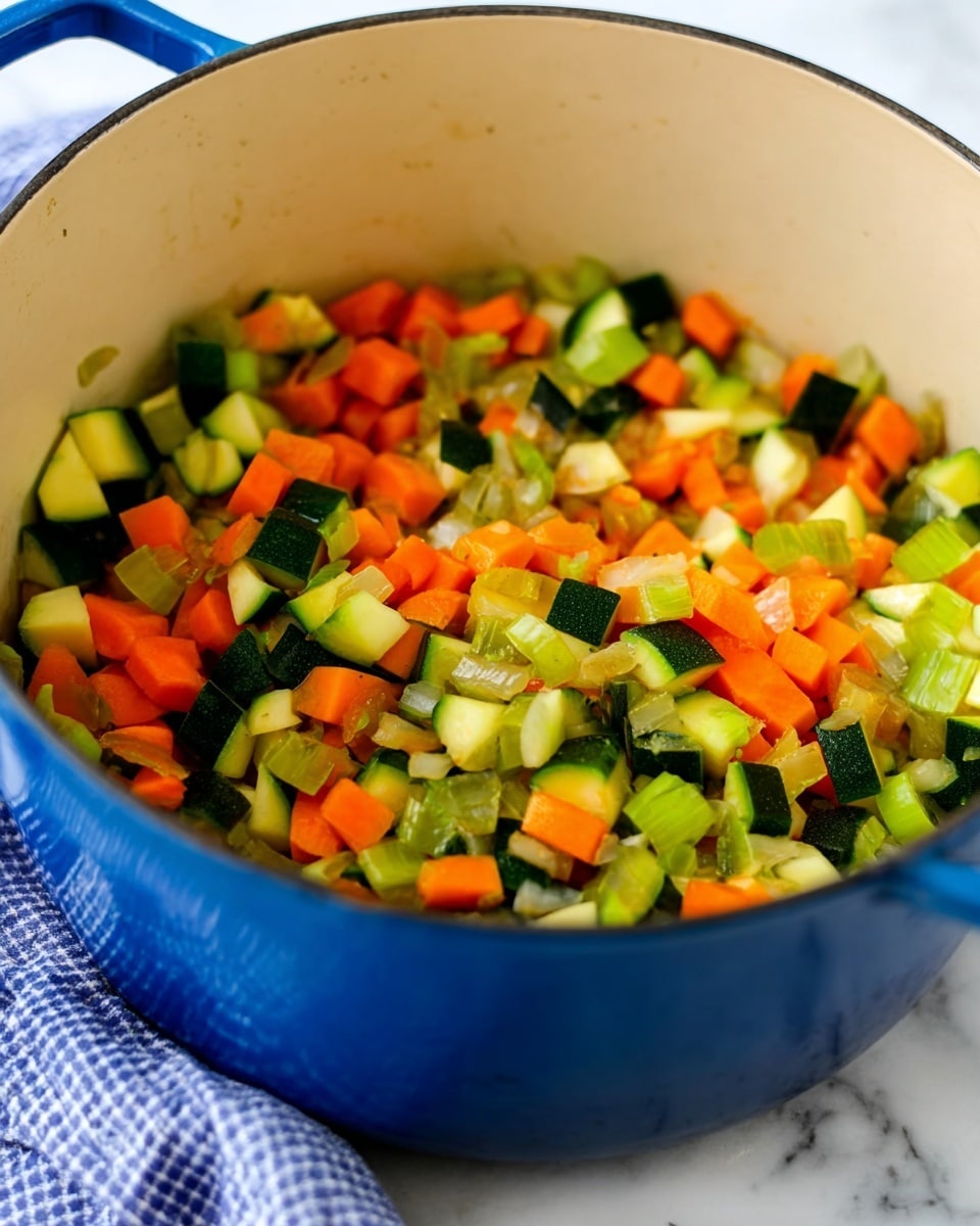 A blue pot filled with a mix of chopped vegetables inside, including bright orange carrot pieces, green celery slices, light green zucchini chunks with darker green skin, and small bits of translucent onion, all mixed together with vibrant colors and varied textures. The pot sits on a white marbled surface with a blue and white checkered cloth partially visible in the background. The vegetables look fresh and slightly cooked, showing a soft and juicy texture. photo taken with an iphone --ar 4:5 --v 7