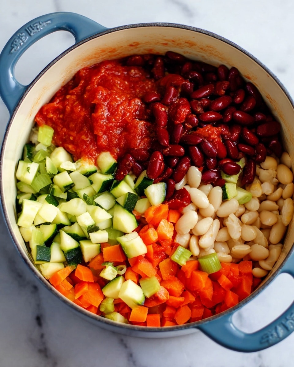 Inside a white pot with a blue handle, there are visible layers of fresh vegetables and beans. The bottom layer consists of diced green zucchini with bright orange carrot pieces and pieces of light green celery mixed in. On top of this colorful vegetable layer, there is a thick red tomato sauce with chunks of tomato. The tomato sauce is divided into two sections, with dark red kidney beans piled on the left side and small white beans stacked on the right side. The pot sits on a white marbled surface. photo taken with an iphone --ar 4:5 --v 7