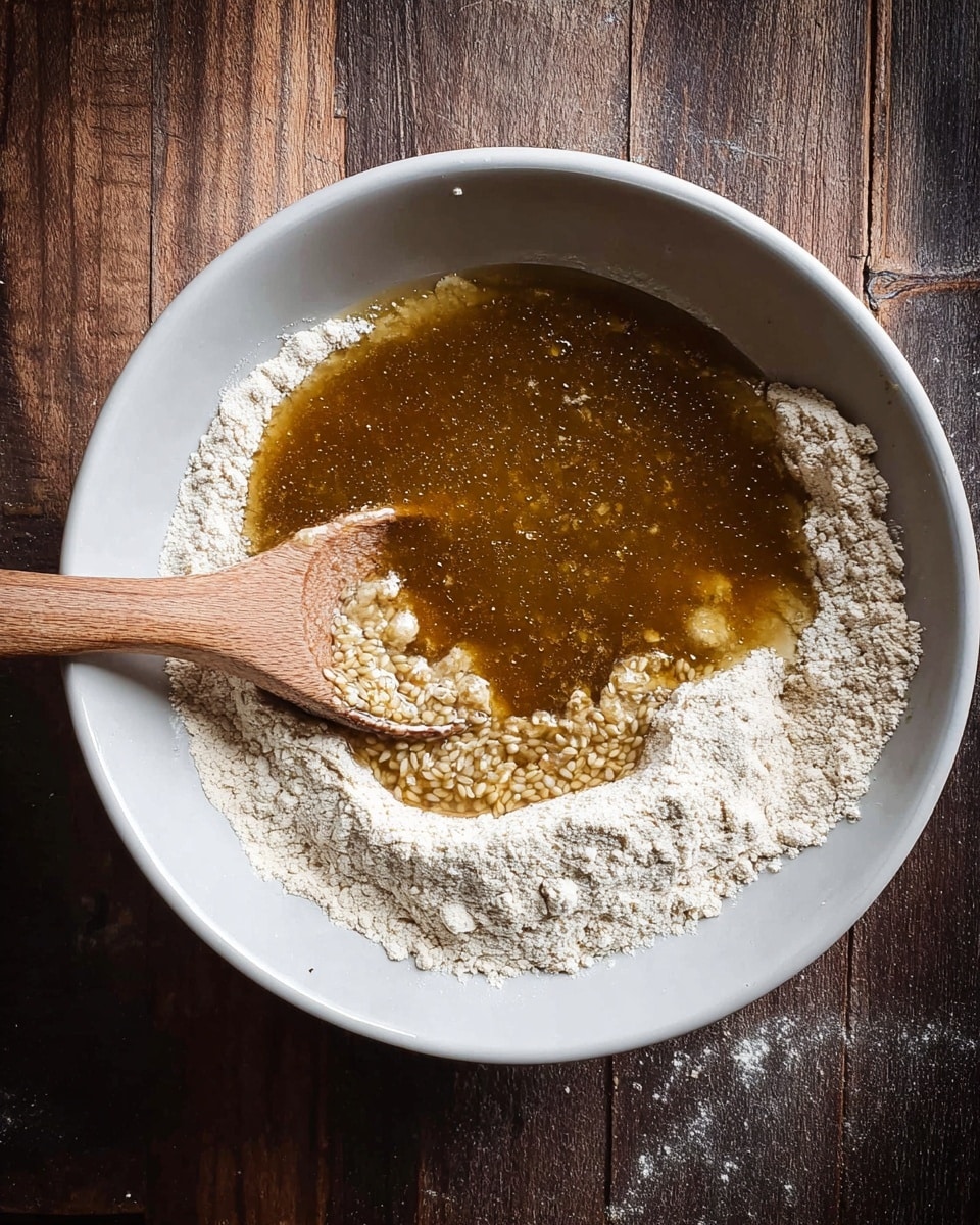 A white bowl holds two main layers of ingredients: a dry beige flour mixture spread around the edges and a thick, dark golden liquid in the center, partially mixed with the flour. A wooden spoon rests in the liquid area, showing light brown grains on its surface. The bowl is placed on a dark wooden surface. photo taken with an iphone --ar 4:5 --v 7