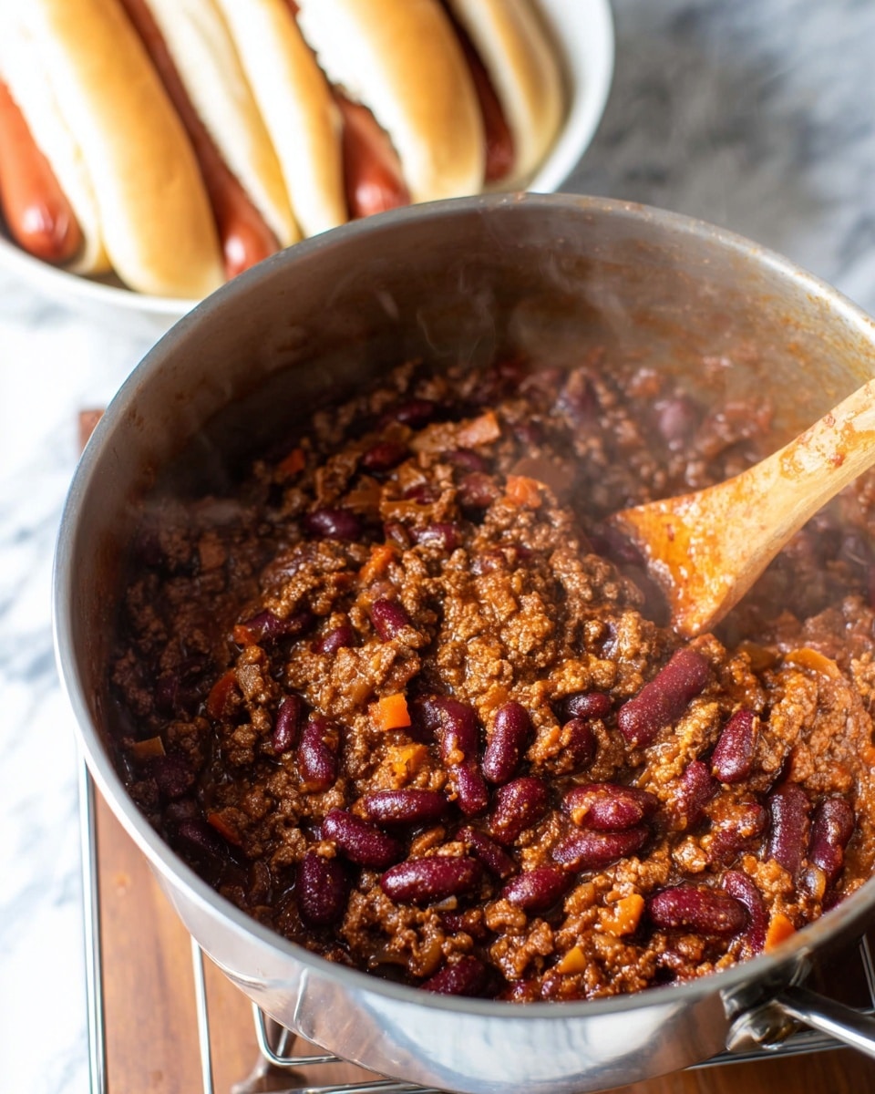 A shiny silver pot filled with a thick mixture of cooked ground meat, dark red kidney beans, and small pieces of orange and white vegetables, all coated in a rich, dark brown sauce. A wooden spoon with a long handle is stirring the mixture inside the pot, which sits on a small metal rack. In the blurred background, there is a white bowl filled with three hot dogs, each with a light brown sausage inside a soft pale bun, all placed on a white marbled surface. Steam rises gently from the pot, showing the dish is hot and fresh. photo taken with an iphone --ar 4:5 --v 7