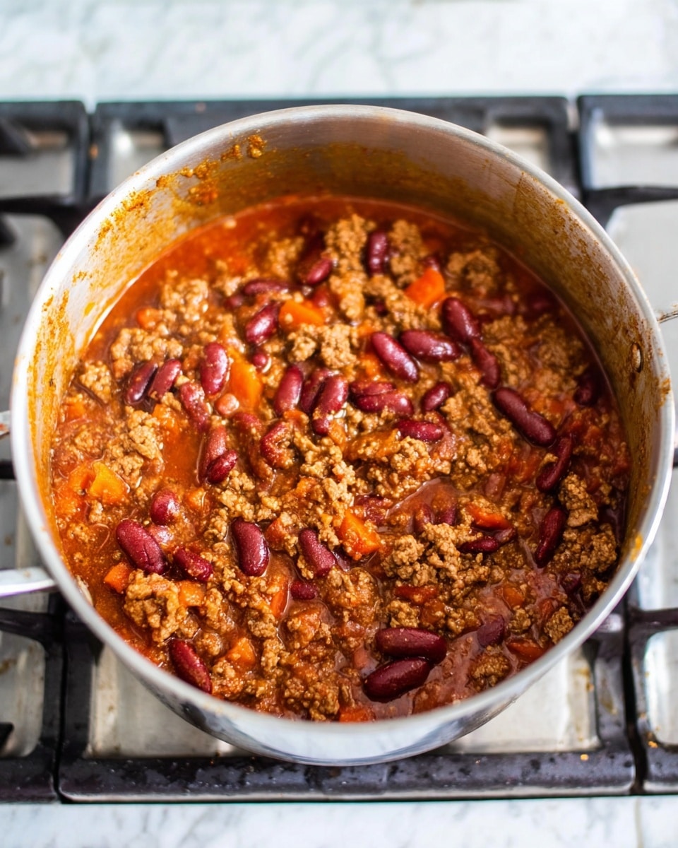 The image shows a silver pot placed on a stove, filled with a thick stew made of brown cooked ground meat mixed with whole dark red kidney beans. Small pieces of orange carrot are visible throughout the chunky meat and bean mixture. The stew has a reddish-brown sauce that looks rich and slightly oily, coating the ingredients evenly. The pot surface inside shows some splashes of sauce along the sides from cooking. The stove beneath is dark metallic with black grates. The overall scene has a white marbled kitchen surface in the background. photo taken with an iphone --ar 4:5 --v 7