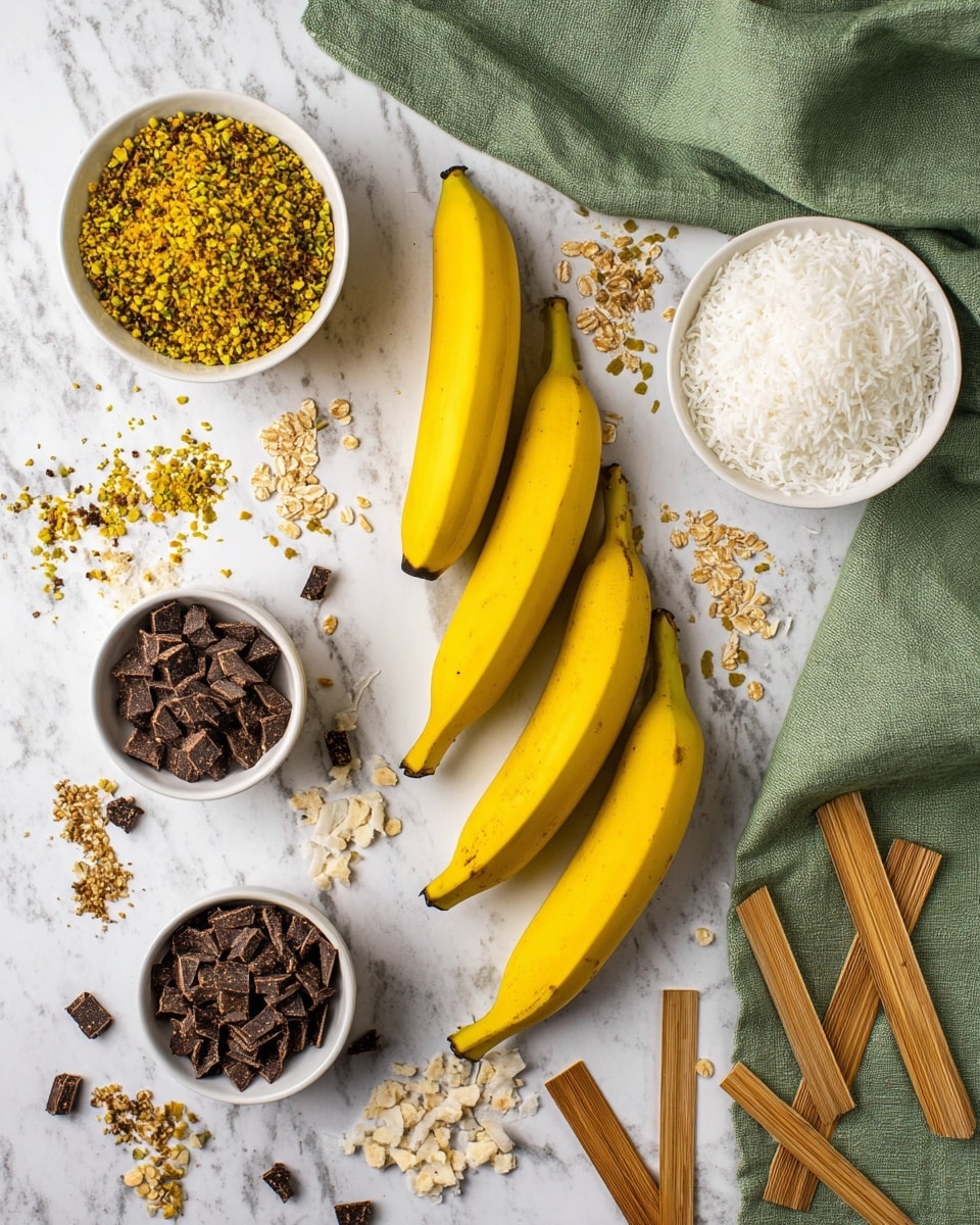 Four yellow bananas are placed in a vertical line on a white marbled surface. Around them are small white bowls with different toppings: one holds yellow and green crushed nuts, another has small dark brown chocolate chunks, and a third bowl has white shredded coconut. Scattered chocolate chunks and crushed nuts are spread across the surface, along with several light wooden sticks. On the right side, there is a folded green cloth adding texture to the scene. Photo taken with an iphone --ar 4:5 --v 7