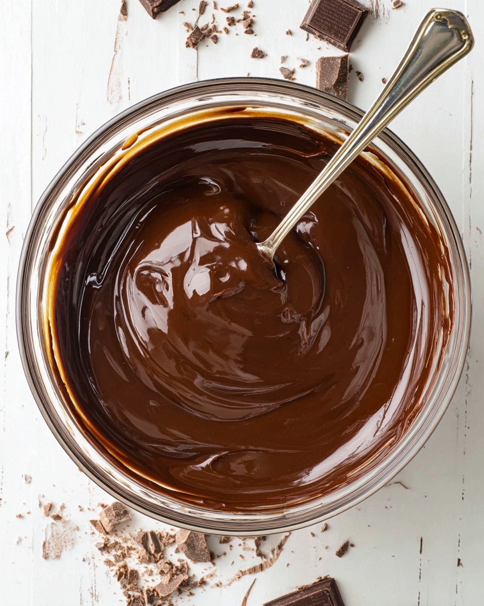 A clear glass bowl sits on a white marbled surface, filled with one thick, smooth layer of shiny dark brown melted chocolate. A silver spoon with a long handle is partially dipped into the chocolate, coated with the rich, glossy mixture. Scattered small chocolate chunks and crumbs can be seen around the bowl edges on the white marbled surface. photo taken with an iphone --ar 4:5 --v 7