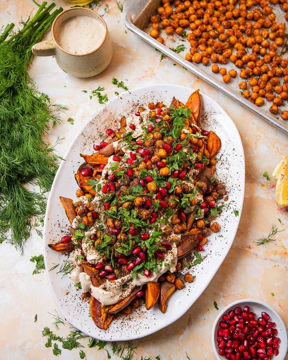 On a white oval plate, a dish is layered with roasted brown sweet potato wedges forming the base, topped with a light creamy sauce spread unevenly. Over this, a generous layer of roasted golden chickpeas is scattered, mixing with bright red pomegranate seeds and fresh green parsley and dill leaves, adding pops of color. The chickpeas and herbs are sprinkled with black and tan spices, giving a textured look on top. In the background on a white marbled surface, a white baking tray holds more roasted chickpeas, with cream in a beige cup and pomegranate seeds in a small white dish nearby. Fresh green herbs are placed around the plate. Photo taken with an iphone --ar 4:5 --v 7