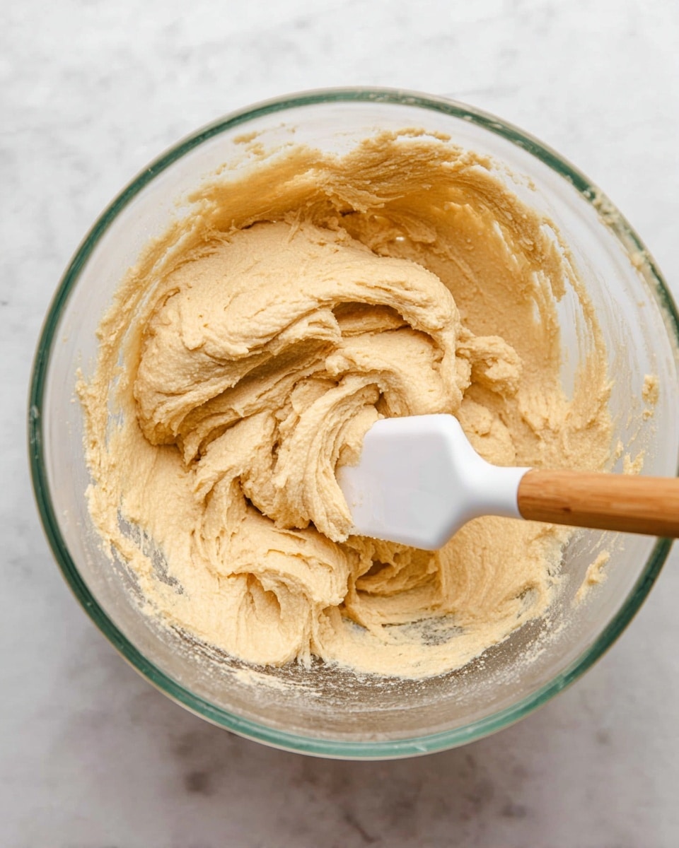 Inside a clear glass bowl, there is a thick, creamy dough with a light beige color and a soft, smooth texture. The dough is spread evenly around the inside of the bowl with small peaks and swirls visible, showing it has just been mixed. A white spatula with a wooden handle is resting in the bowl, pressing gently into the dough from the bottom right corner. The bowl is set on a white marbled surface, giving a clean and bright look to the scene. Photo taken with an iphone --ar 4:5 --v 7