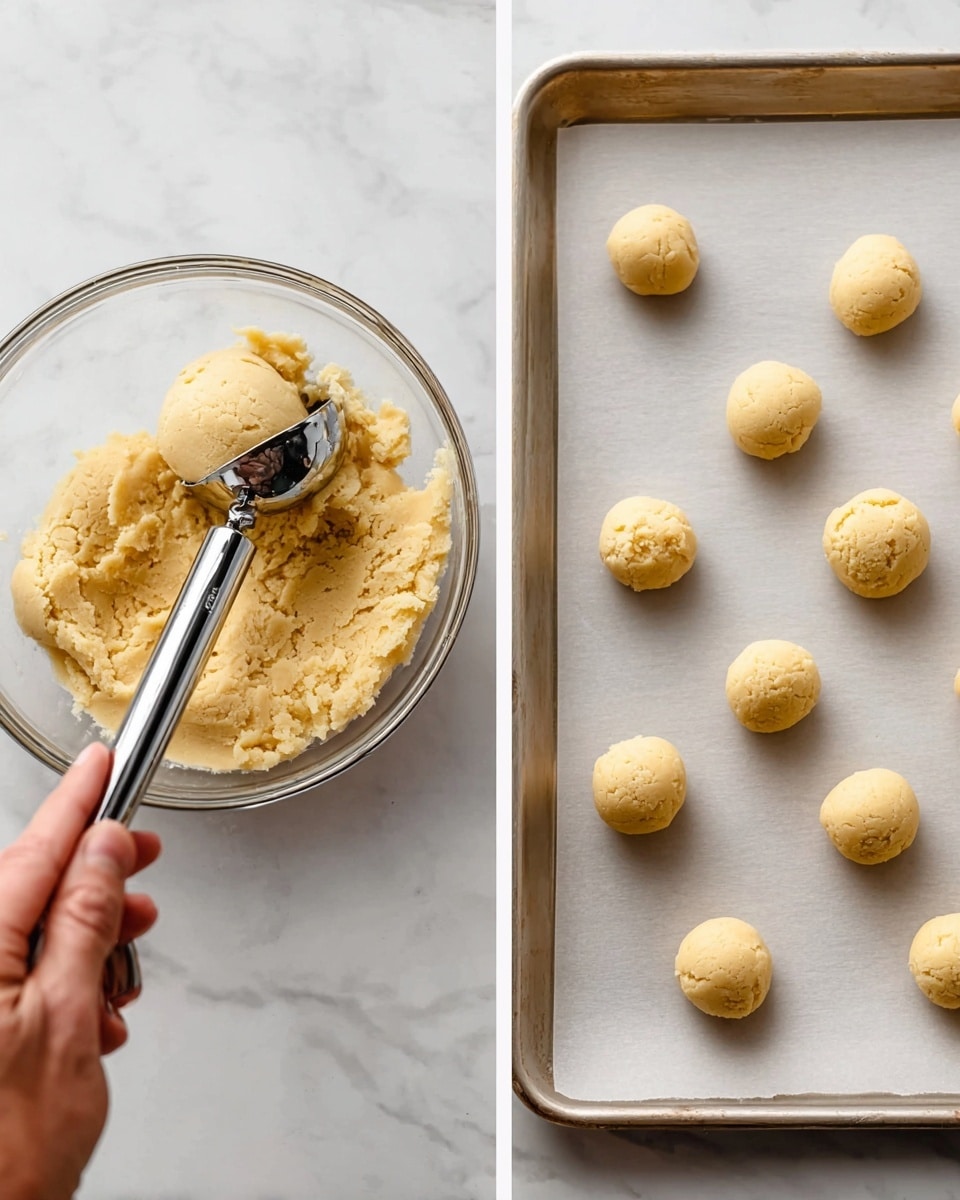 A clear glass bowl sits on a white marbled surface filled with pale yellow cookie dough that looks soft and smooth with some rough texture. A woman's hand is holding a shiny metal cookie scoop above the bowl, scooping a rounded portion of dough. Next to this is a baking tray with white parchment paper on top, placed on the same white marbled surface. On the parchment paper are nine evenly spaced, small round balls of the same pale yellow dough, looking smooth and firm, ready to bake. photo taken with an iphone --ar 4:5 --v 7