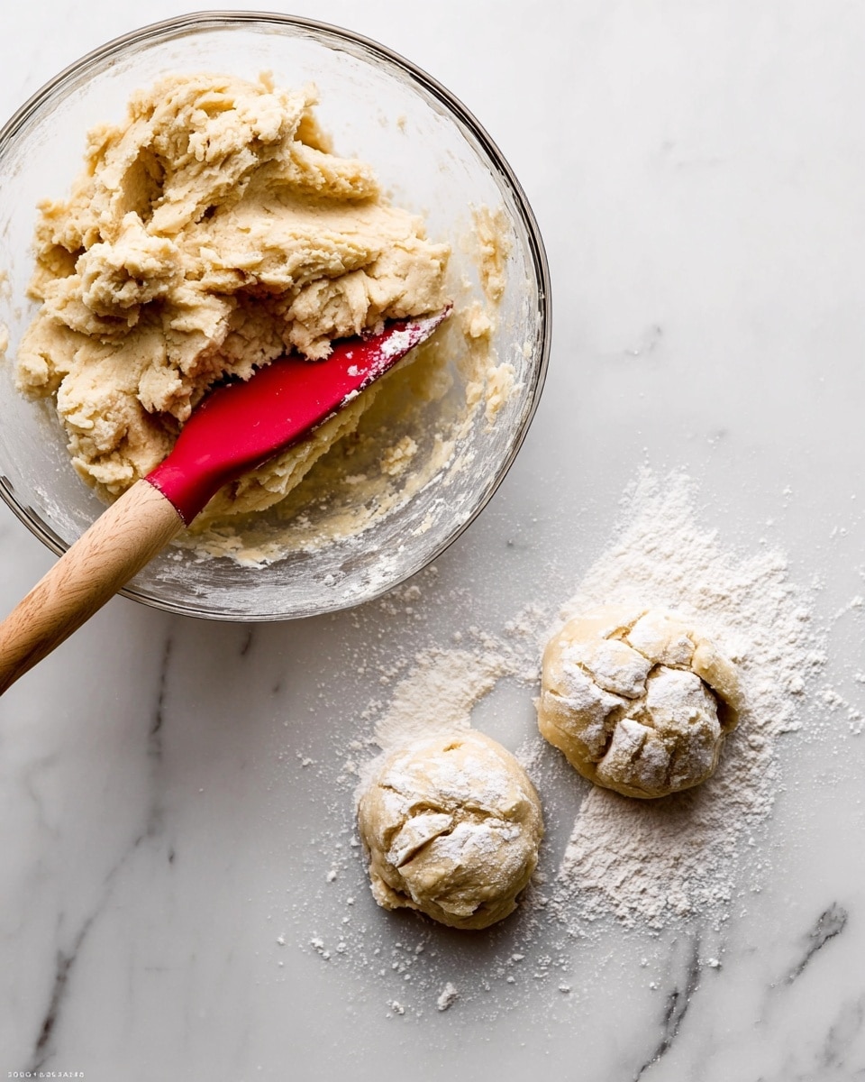 The image shows two parts: on the left, a clear glass bowl holds a rough, pale yellow dough being mixed with a red spatula that has a wooden handle, the dough looks crumbly and soft. On the right side, two small, round dough pieces rest separately on a white marbled surface, each lightly dusted with white flour; one piece is slightly folded at the top. The colors are mainly pale yellow of the dough, white from the flour and marble, with the bowl clear and spatula red and wood-toned. photo taken with an iphone --ar 4:5 --v 7