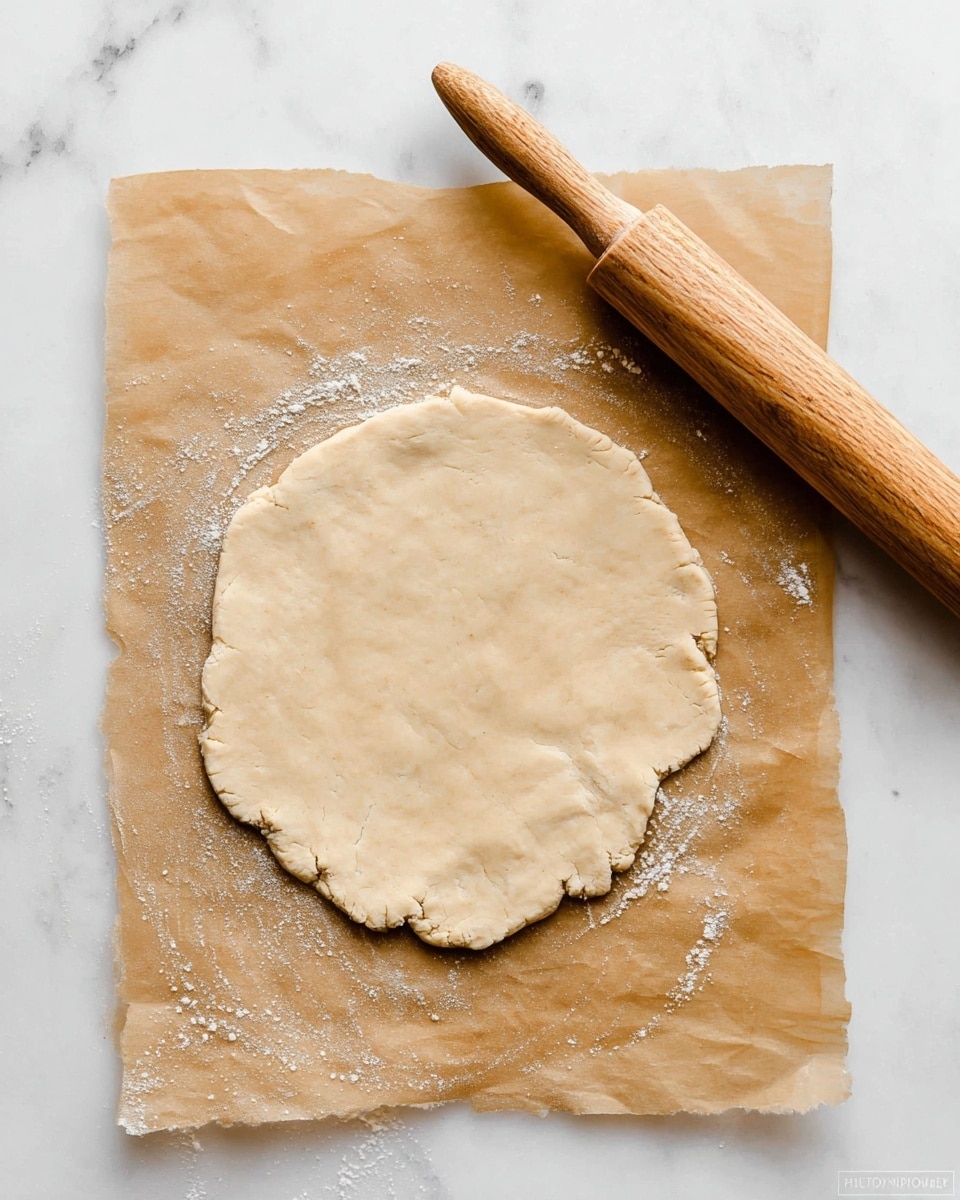 A flat, round layer of light beige dough is spread out on a piece of brown parchment paper, showing a soft and smooth texture with a few patches of flour around the edges. To the upper right of the dough lies a wooden rolling pin, resting diagonally on the parchment paper. The whole setup is placed on a white marbled surface. photo taken with an iphone --ar 4:5 --v 7