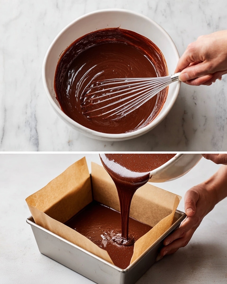 The image shows two scenes side by side on a white marbled surface. On the left, a white mixing bowl filled with smooth, dark brown chocolate batter is being stirred by a woman's hand holding a metal whisk with thin wires. The batter has a shiny texture and looks thick. On the right, a woman's two hands are holding the same white bowl while pouring the glossy chocolate batter into a square metal baking pan lined with light brown parchment paper. The batter flows in a thick, even stream, filling the pan below. photo taken with an iphone --ar 4:5 --v 7