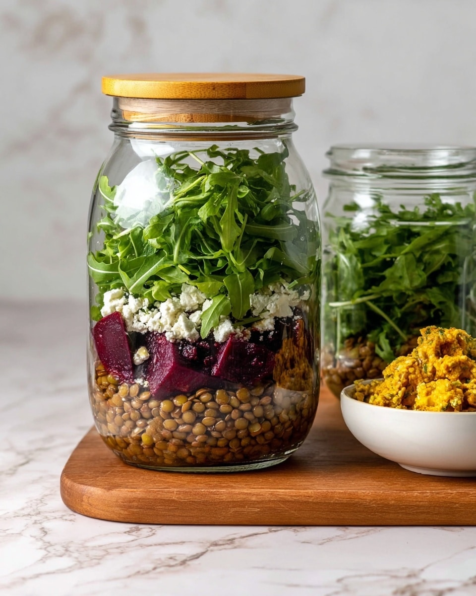 The image shows a clear glass jar with a bamboo lid placed on a wooden board on a white marbled surface. Inside the jar, there are four visible layers: the bottom layer is made of cooked brown lentils, above that is a layer of chopped dark purple beets, followed by a thick layer of fresh green arugula leaves, and the top layer is crumbled white cheese mixed with green herbs. Next to the jar is a small white bowl filled with a chunky yellowish mixture. The background has a white marbled texture. photo taken with an iphone --ar 4:5 --v 7