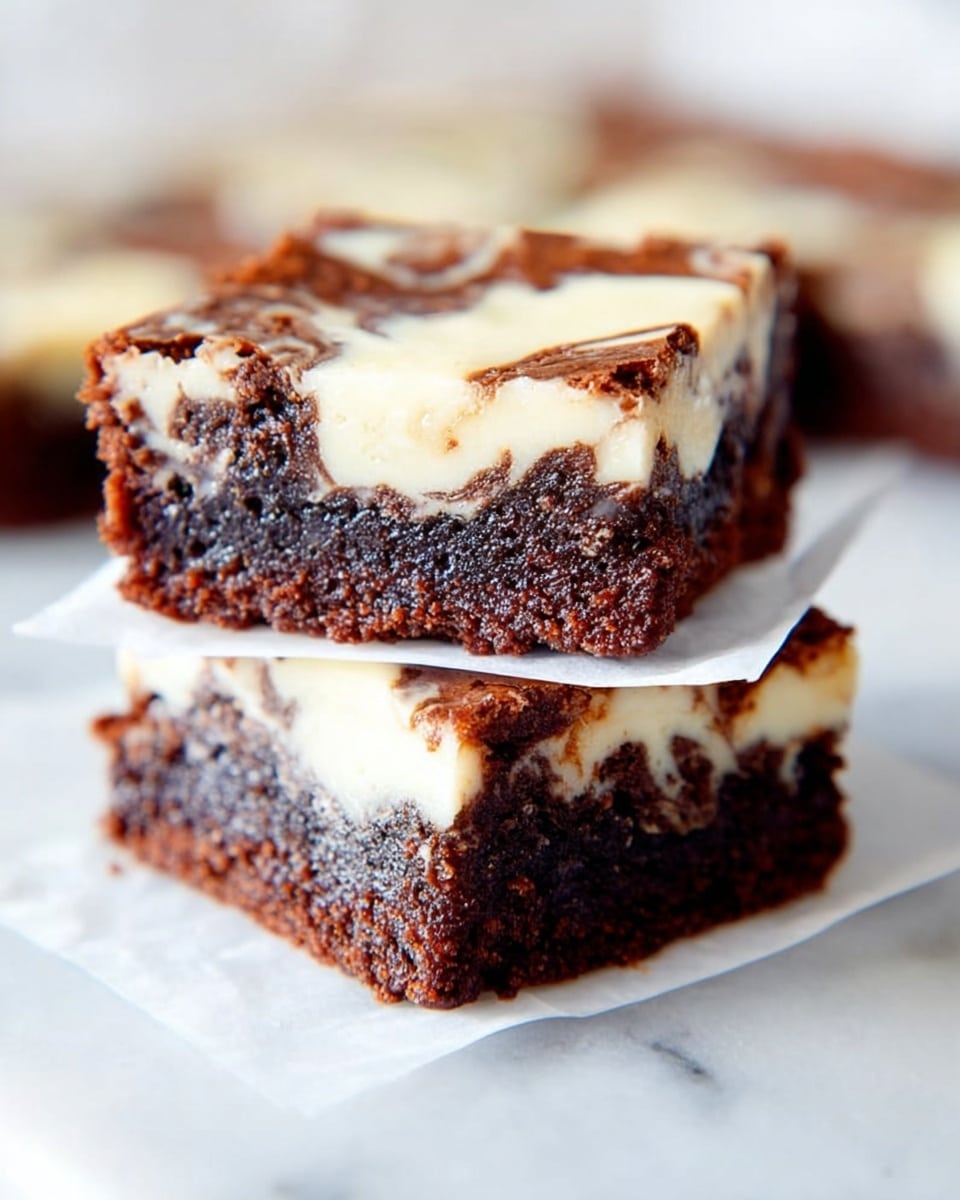 The image shows two square brownies stacked on top of each other with a piece of white parchment paper between them. Each brownie has two layers: the bottom layer is dark brown, rich, and thick with a slightly crumbly texture, while the top layer is creamy white with swirls of the same dark brown color mixed in. The brownies are set on a white marbled surface, and the background is softly blurred, emphasizing the texture and contrast of the layers. photo taken with an iphone --ar 4:5 --v 7