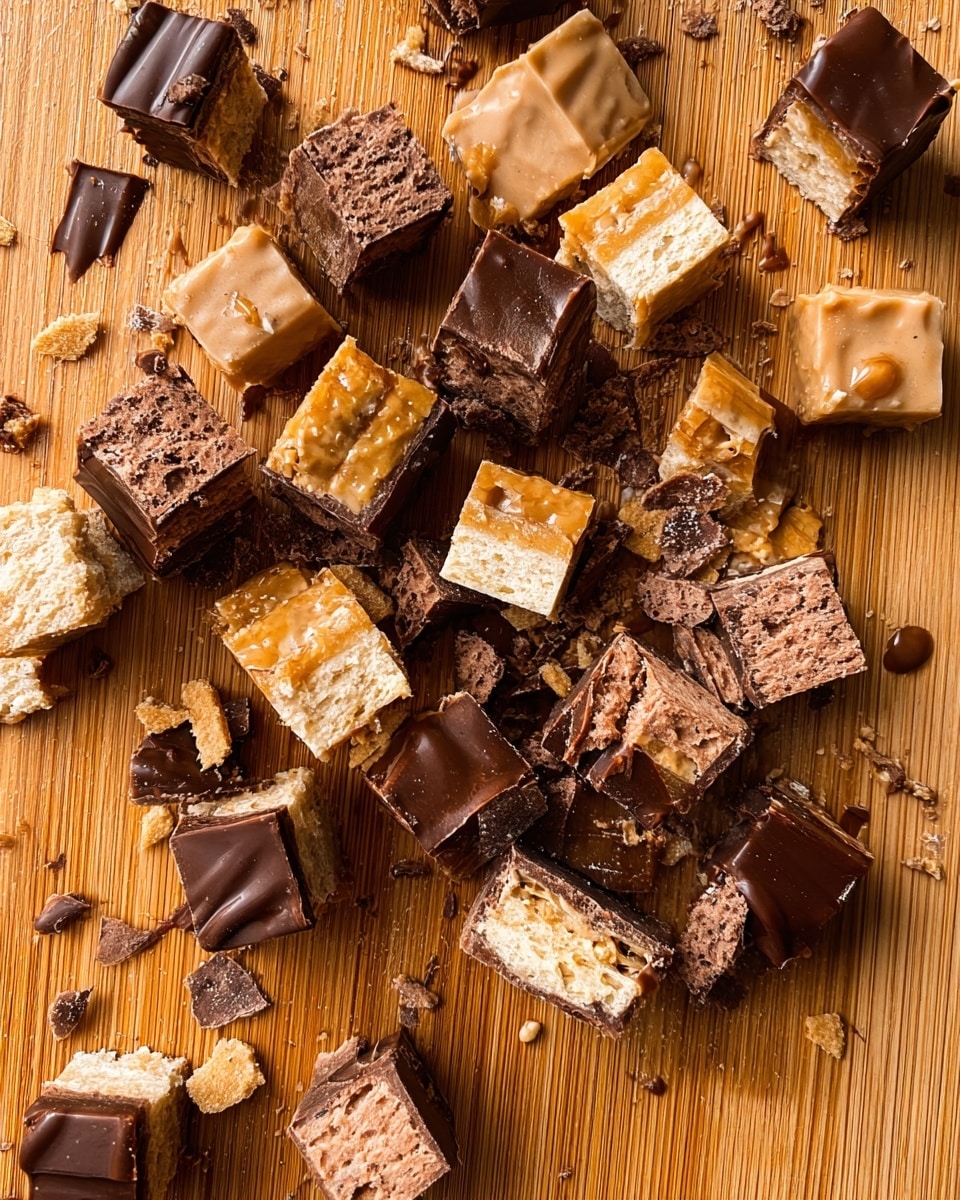 A variety of chopped candy bars are scattered across a light brown wooden cutting board with fine grain lines. The pieces show layers of chocolate, caramel, nougat, and wafer with different textures and colors; some cubes have dark brown chocolate coatings with smooth caramel flowing out, while others reveal light brown fluffy nougat or crispy wafer layers in tan and beige hues. Crumbs and smaller bits of wafer and chocolate are spread between the chunks, adding detail to the scene. The image is close up, with a sharp focus on the candy textures and colors, all against the warm wood background. photo taken with an iphone --ar 4:5 --v 7
