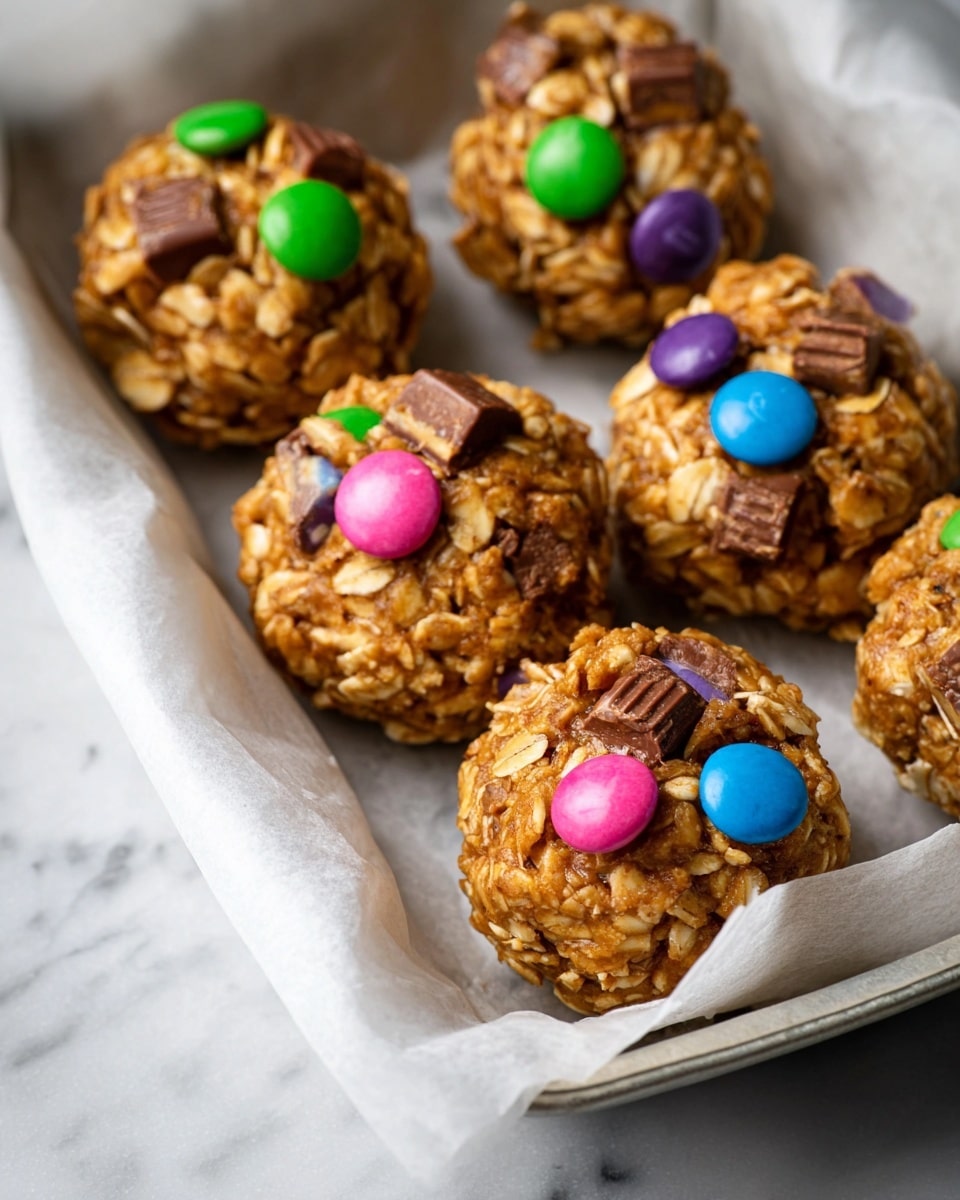 The image shows a tray lined with white parchment paper holding several round, chunky energy balls made of oats and a sticky brown syrupy binder. Each ball is decorated on top with colorful candy-coated chocolates in bright pink, green, blue, and purple, as well as small pieces of chocolate bars with visible layers of caramel and nougat embedded into the oat clusters. The texture looks chewy and slightly rough, with the candies and chocolate pieces adding pops of color and variety on the smooth, rounded tops. The tray rests on a white marbled surface, giving a clean and fresh look to the setting photo taken with an iphone --ar 4:5 --v 7