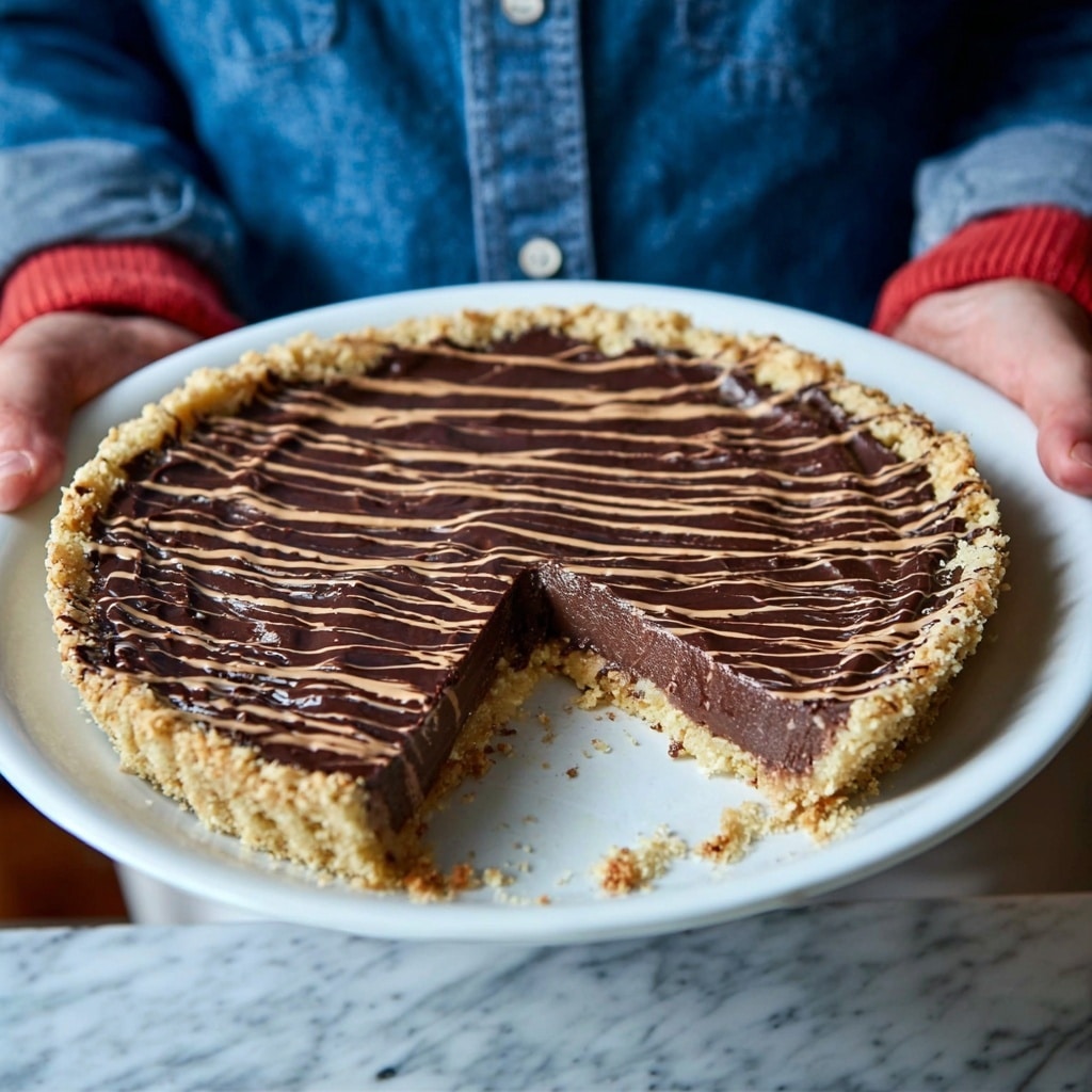 A white plate holds a round pie with a crumbly, light beige crust forming the base and edges. Inside the crust is a thick, smooth, dark brown chocolate filling, about one layer thick. On top, thin, uneven drizzles of dark chocolate create a striped pattern across the surface. A portion from the pie is missing, showing the clean edge between the crust and the chocolate filling. The pie is being held by a person wearing a denim shirt and red oven mitts. The background is a white marbled texture. Photo taken with an iphone --ar 4:5 --v 7