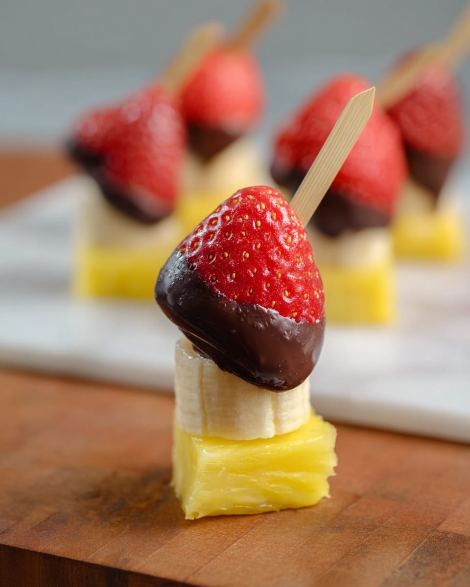 A small skewer shows three layers stacked vertically: at the bottom is a yellow pineapple piece with a smooth texture, the middle is a pale, slightly textured banana slice, and the top is a bright red strawberry half with visible seeds and small dents. The strawberry and banana edges are dipped in dark chocolate, creating a thin glossy coating. The skewer is made of light wood and sticks out from the top of the strawberry. In the background, more skewers with the same fruit layers are out of focus on white marbled paper placed on a wooden surface. Photo taken with an iphone --ar 4:5 --v 7