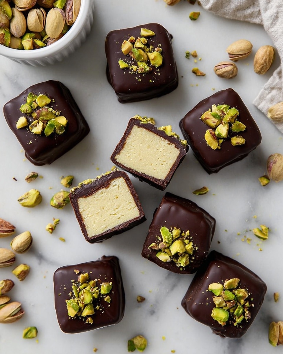 The image shows square-shaped dark chocolate-covered treats, each topped with small pieces of chopped pistachios. There are eight whole chocolates and two cut in half to reveal a dense, pale beige inner layer that looks smooth and creamy. The chocolates are placed on a white marbled surface with scattered whole pistachio nuts around them. In the top left corner, a white bowl filled with pistachios can be seen partially. The overall look is neat and appetizing, emphasizing the contrast between the dark chocolate, green pistachios, and creamy inside. Photo taken with an iphone --ar 4:5 --v 7