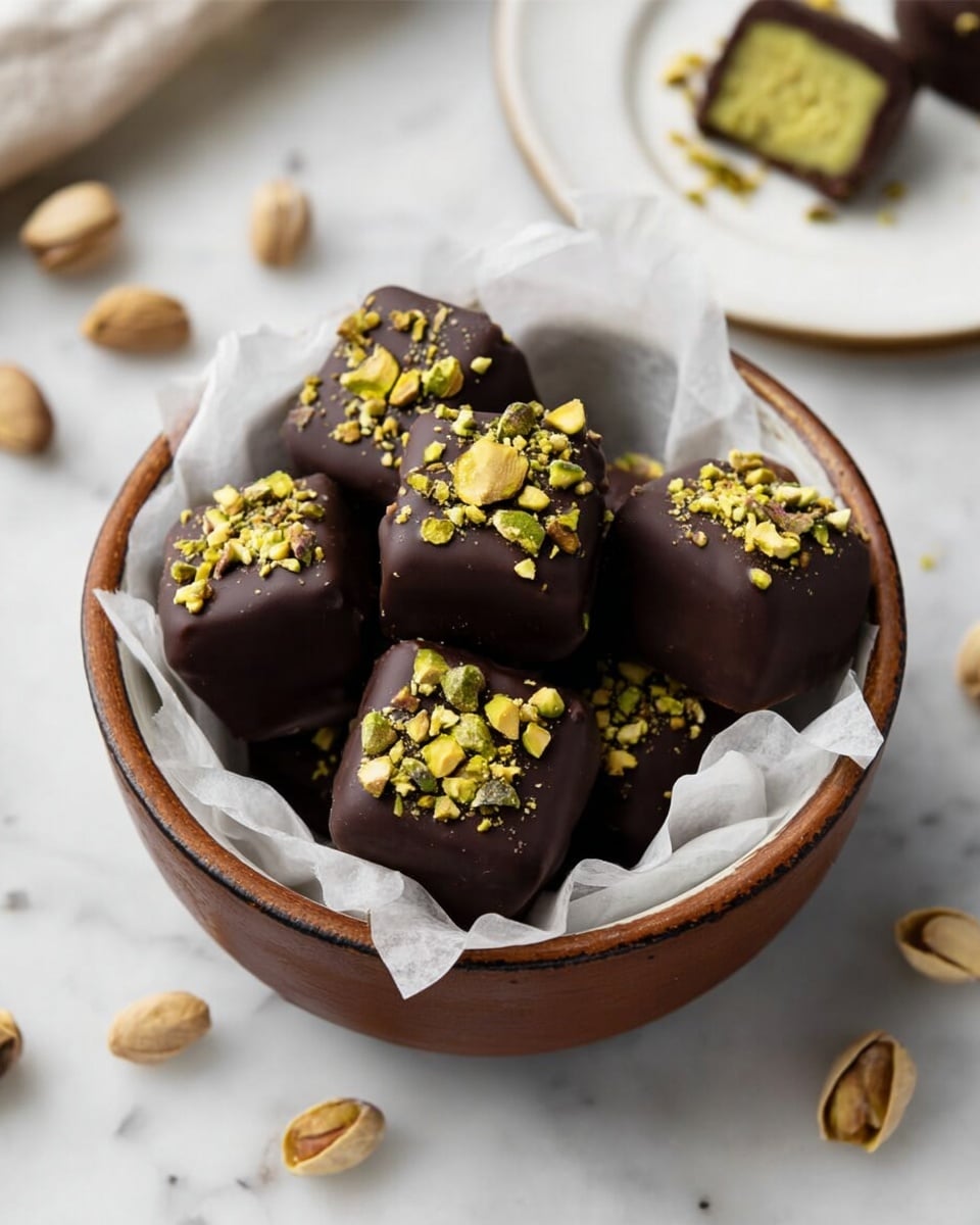 A round, dark brown bowl holds seven square chocolate-covered treats, each topped with small, chopped green pistachio pieces. The chocolates have a smooth dark brown coating, and one shows a whole pistachio on top. The bowl is lined with white parchment paper inside. The bowl sits on a white marbled surface scattered with whole and chopped pistachios, while a white plate with two chocolate-covered pieces showing a green center is blurred in the background. photo taken with an iphone --ar 4:5 --v 7