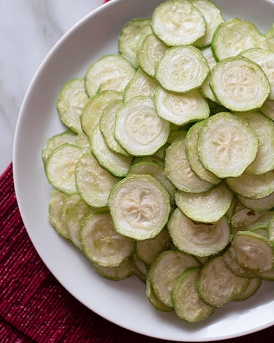 A white plate filled with many thin, round slices of light green zucchini arranged closely together, showing a slightly uneven texture and subtle pale seeds in the center of each slice, placed on a white marbled surface with a small part of a darker red textured cloth visible in the background, photo taken with an iphone --ar 4:5 --v 7