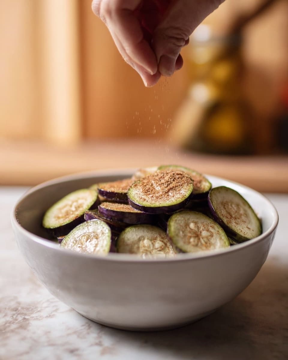 A white bowl filled with multiple slices of light green and purple eggplant, each slice showing small seeds in the center and sprinkled with a reddish-brown powder on top. A woman's hand is seen above the bowl, about to sprinkle more seasoning onto the eggplant. The background has a soft focus with warm colors, and the surface below the bowl is a white marbled texture. Photo taken with an iphone --ar 4:5 --v 7