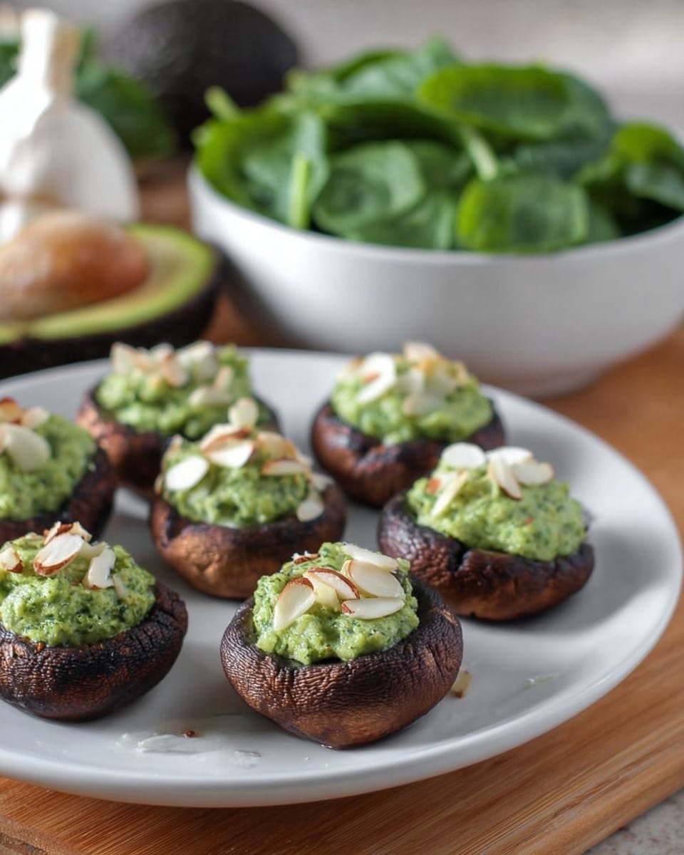 The image shows a white plate with seven stuffed mushrooms arranged in a loose circle, each mushroom having a dark brown, slightly wrinkled outer layer and filled with a bright green creamy mixture. The green filling is topped with small pieces of sliced almonds, giving a light beige contrast to the vibrant green and dark brown colors. In the background, there is a white bowl filled with bright green spinach leaves, and behind it, a garlic bulb and a whole avocado are slightly out of focus. The setting is on a wooden surface with a clean, natural feel. Photo taken with an iphone --ar 4:5 --v 7