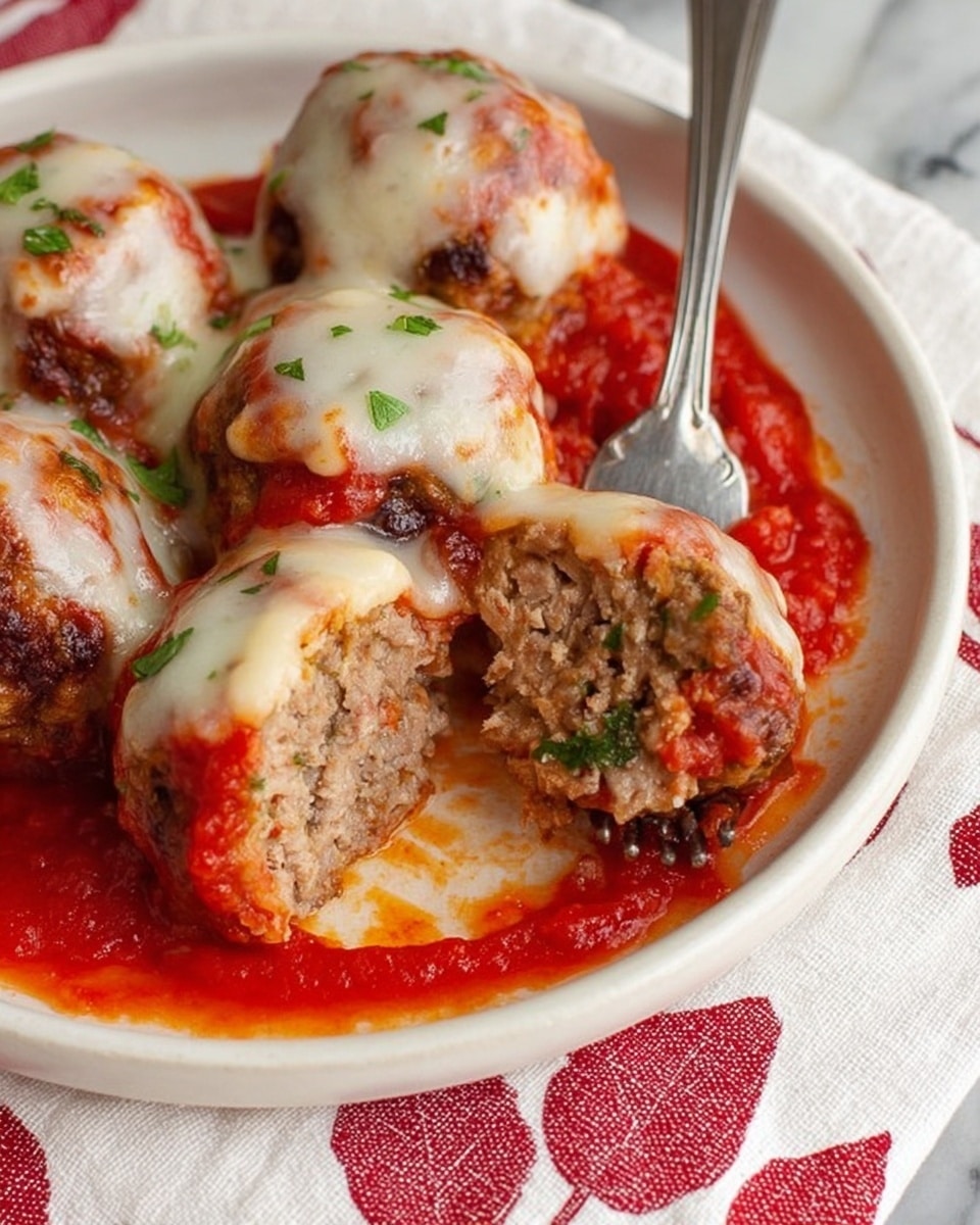 A white plate holds several meatballs covered in melted white cheese with light golden browned spots, sitting on a bright red tomato sauce base. One meatball is cut open showing a dense, finely ground cooked meat interior with some small green herbs. A shiny silver fork and knife rest on the plate, one piercing the cut meatball, and the plate sits on a white cloth with red leaf patterns. The background shows a white marbled texture surface. photo taken with an iphone --ar 4:5 --v 7