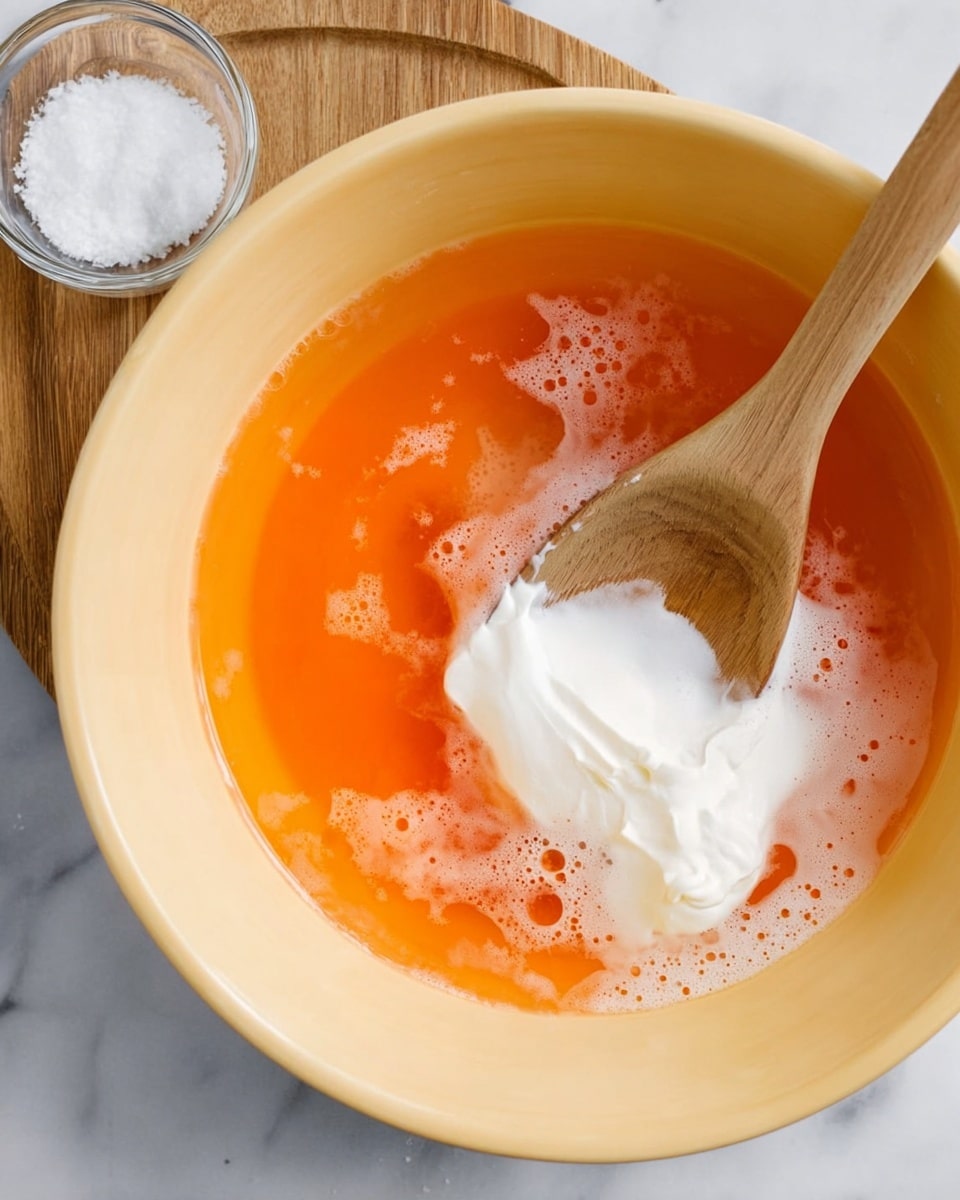 A white bowl with a bright orange inside shows a mixture with three layers: a clear layer of water at the bottom, a layer of white thick cream in the middle, and some small bubbles floating throughout. A wooden spoon is stirring the mixture, resting in the bowl with its round head partly submerged in the cream layer. The bowl is placed on a white marbled surface with a small glass bowl of white salt nearby. photo taken with an iphone --ar 4:5 --v 7