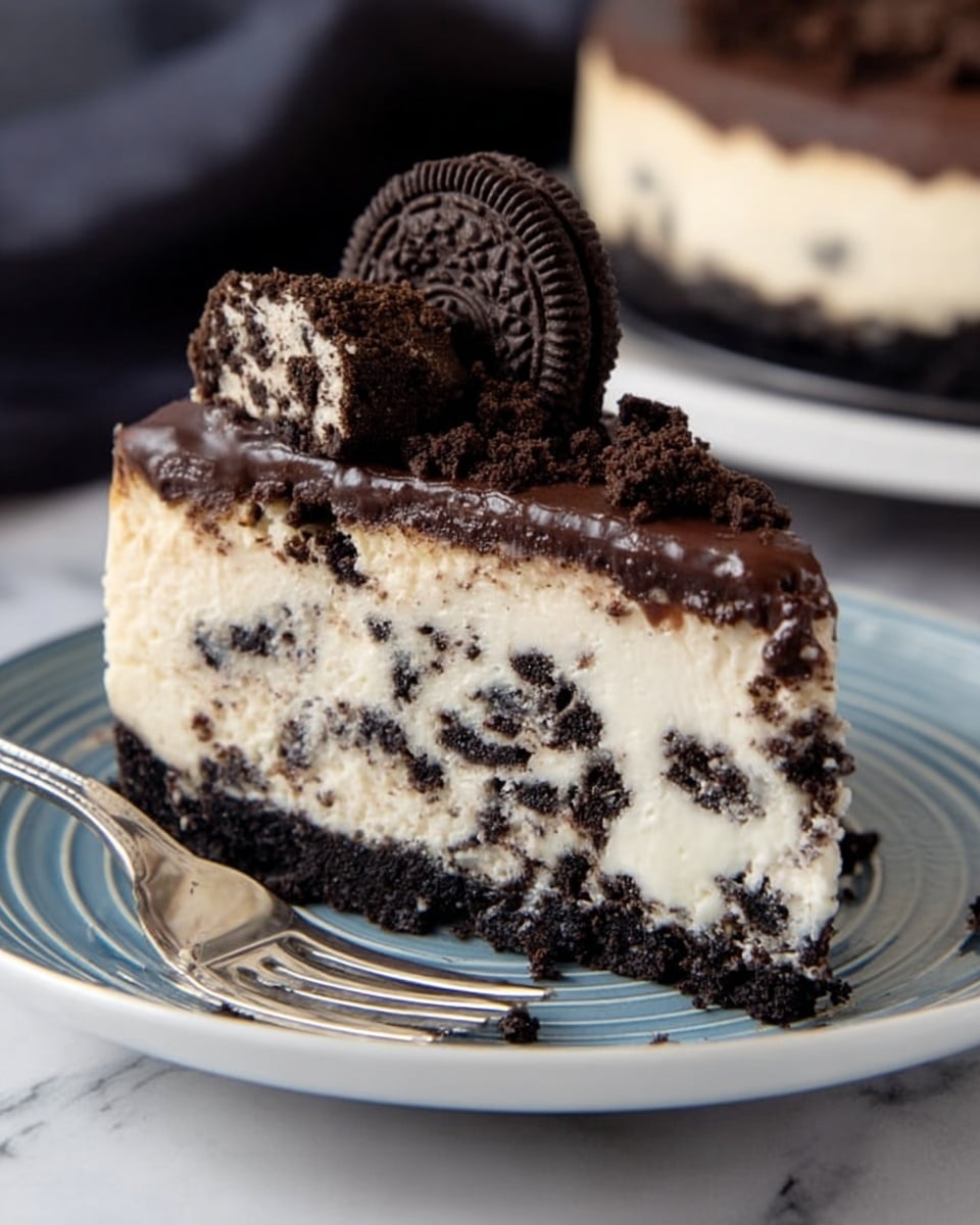 A slice of cookies and cream cheesecake on a white plate with blue rings, sitting on a white marbled surface. The bottom layer is dark and crumbly cookie crust, topped by a thick creamy white cheesecake layer filled with small black cookie bits. Above that is a smooth dark chocolate ganache layer covering the top. Crumbled cookie pieces and a whole cookie are placed on top as decoration. A silver fork lies next to the slice on the plate. Photo taken with an iphone --ar 4:5 --v 7