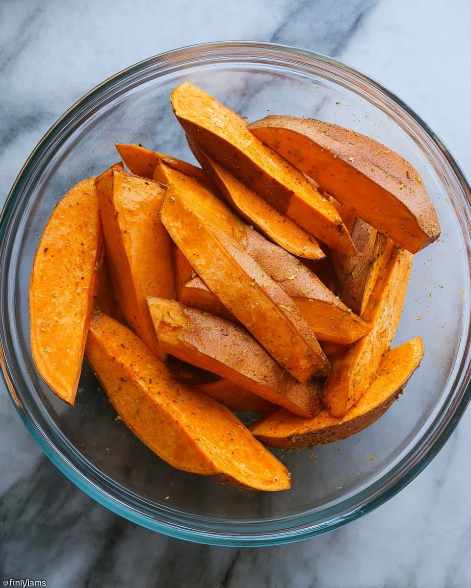 A clear glass bowl filled with thick orange sweet potato wedges, showing both the rough skin and soft inner flesh, evenly coated with light seasoning giving a slightly shiny texture, layered loosely with some wedges leaning against each other and others lying flat inside the bowl, placed on a white marbled surface photo taken with an iphone --ar 4:5 --v 7