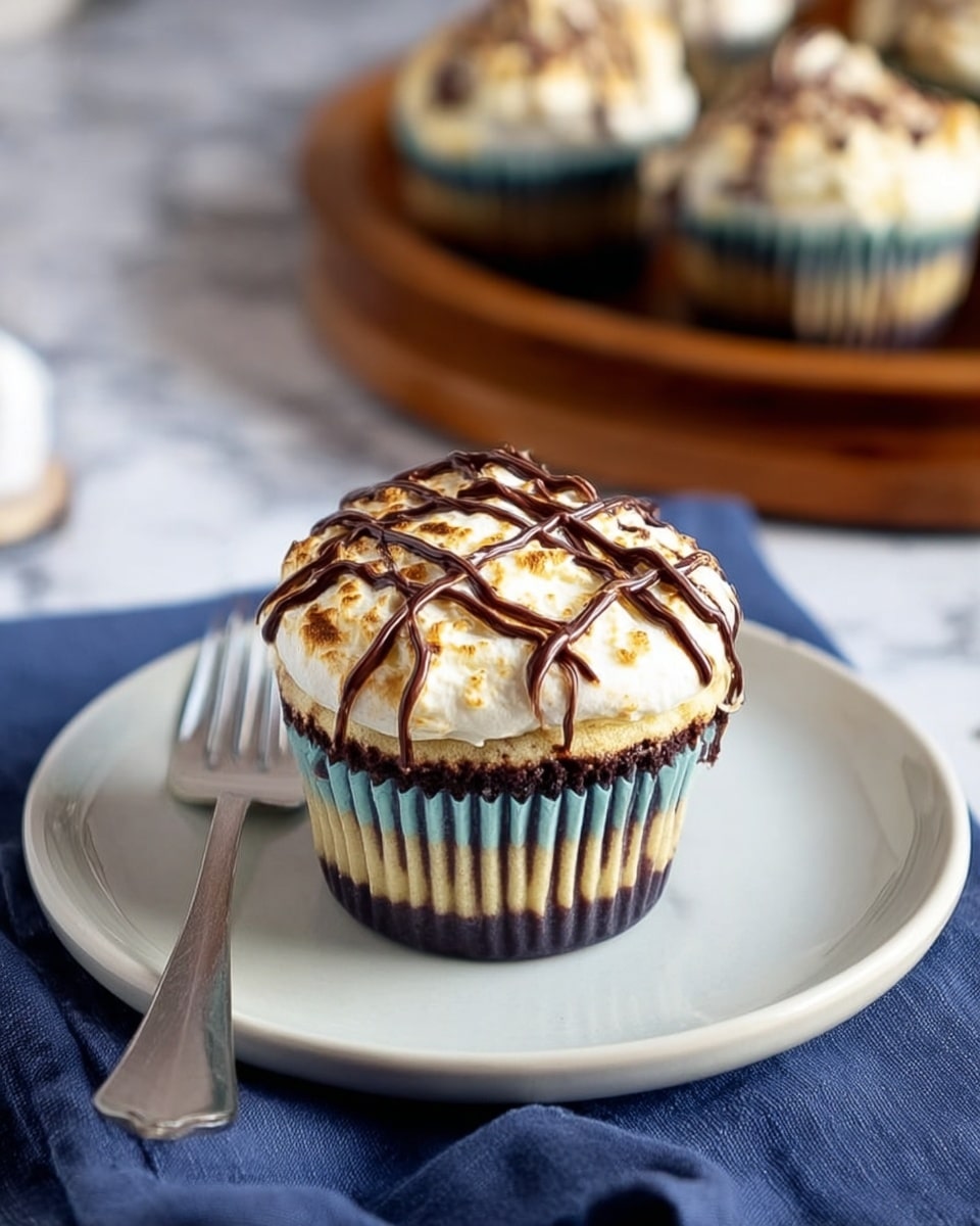 A single cupcake sits in the center of a white plate with a slight reflective shine, placed on a dark blue cloth on a white marbled surface. The cupcake has a blue and black striped liner, and its top layer is a fluffy, light cream color with a toasted texture. Dark chocolate drizzle lines crisscross evenly over the cream topping. In the background, part of a round wooden tray can be seen holding more cupcakes with the same design, blurred softly to keep focus on the front cupcake. A silver fork lies to the left of the plate. Photo taken with an iphone --ar 4:5 --v 7