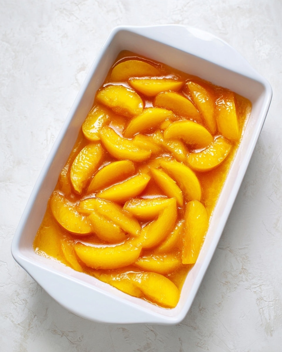 A white rectangular dish filled with a single layer of bright yellow peach slices coated in a thick, shiny syrup that looks juicy and smooth, all set on a white marbled surface photo taken with an iphone --ar 4:5 --v 7