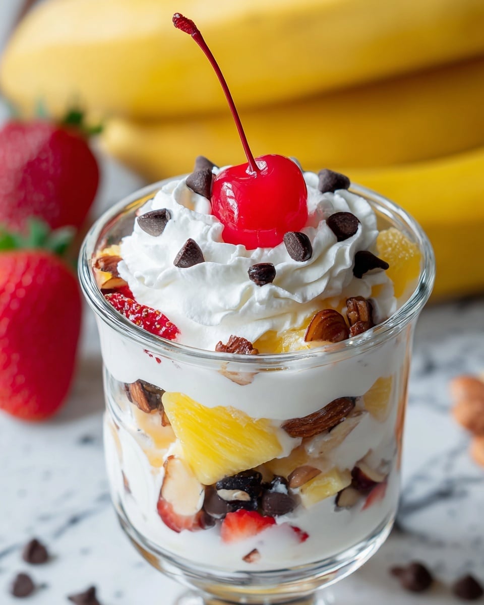 The image shows a clear glass cup filled with layers starting from creamy white yogurt at the bottom, followed by a mix of nuts including almonds and dark brown raisins, then chunky pieces of yellow pineapple and bright red strawberry slices layered on top. The cup is topped with a swirl of white whipped cream scattered with small dark brown chocolate chips, and finished with a bright red cherry with its long stem placed right in the center. The cup sits on a white marbled surface with a soft background of bananas and strawberries. photo taken with an iphone --ar 4:5 --v 7