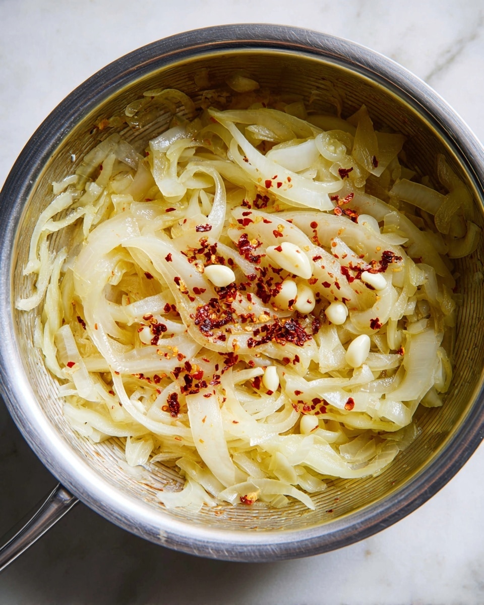 Inside a silver pan on a white marbled surface, there are thin slices of light yellow cooked onions layered unevenly. On top of these onions, there are small pieces of white garlic and a sprinkling of red chili flakes adding a bit of color contrast. The onions have a soft, shiny texture and appear slightly translucent, with some edges slightly browned. photo taken with an iphone --ar 4:5 --v 7