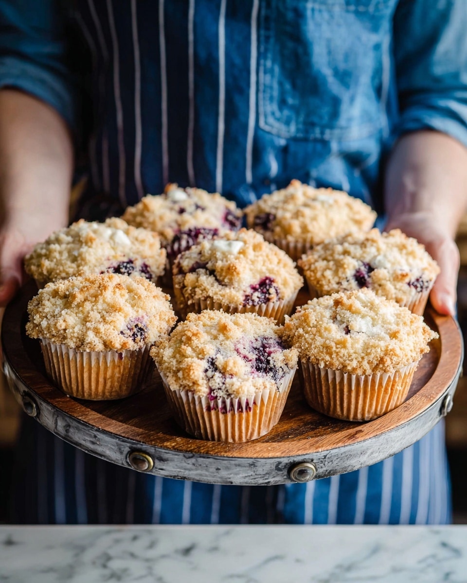 A person wearing a blue shirt and striped apron holds a round wooden tray with metal accents, filled with nine crumb-topped muffins. Each muffin has a golden-brown crumbly top with small chunks of white and light beige, showing hints of dark purple berry spots inside. The muffins are in golden-brown paper liners and are tightly arranged on the tray. The background is blurred, focusing on the muffins and the person's upper body, standing over a white marbled surface. photo taken with an iphone --ar 4:5 --v 7