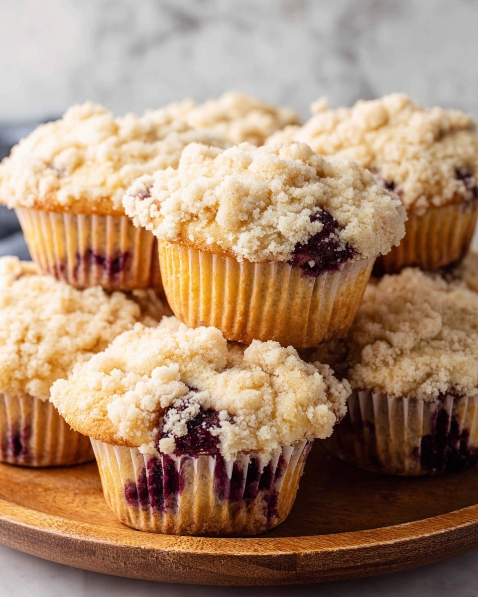 A group of crumb-topped muffins stacked closely together on a wooden round tray. Each muffin has two main layers: a bottom layer of golden-brown cake with dark purple berry spots visible through the paper liners, and a thick, uneven top layer of light beige crumb topping with small lumps and coarse texture. The muffins are placed in white-paper liners, and the scene is set against a white marbled surface. photo taken with an iphone --ar 4:5 --v 7