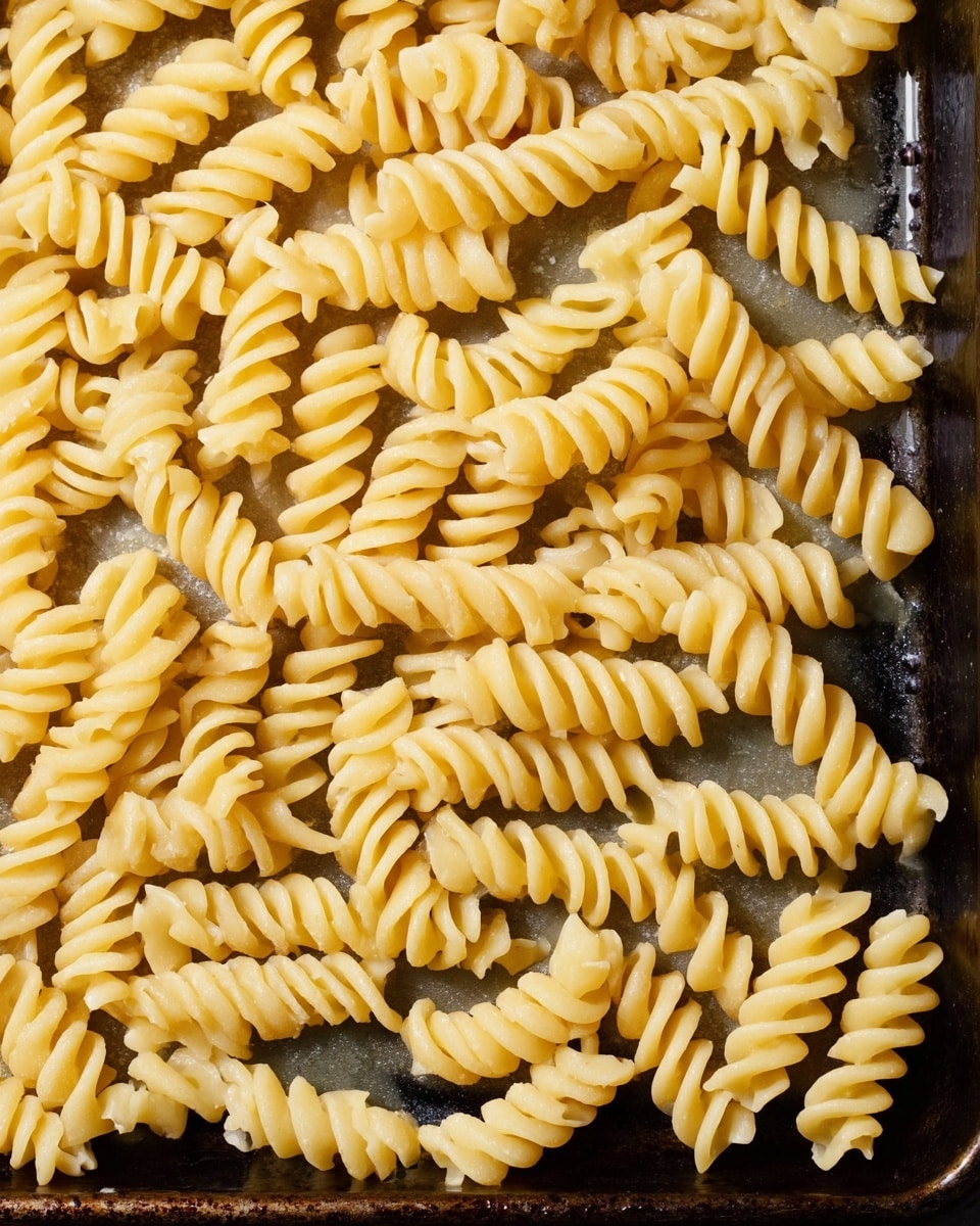 The image shows many pale yellow, spiral-shaped rotini pasta pieces spread out on a dark baking tray. The pasta has a firm and smooth texture, and the spirals are evenly spaced. The baking tray has a matte finish and visible edges, holding the pasta pieces loosely but not stacked. The background is a white marbled texture. photo taken with an iphone --ar 4:5 --v 7