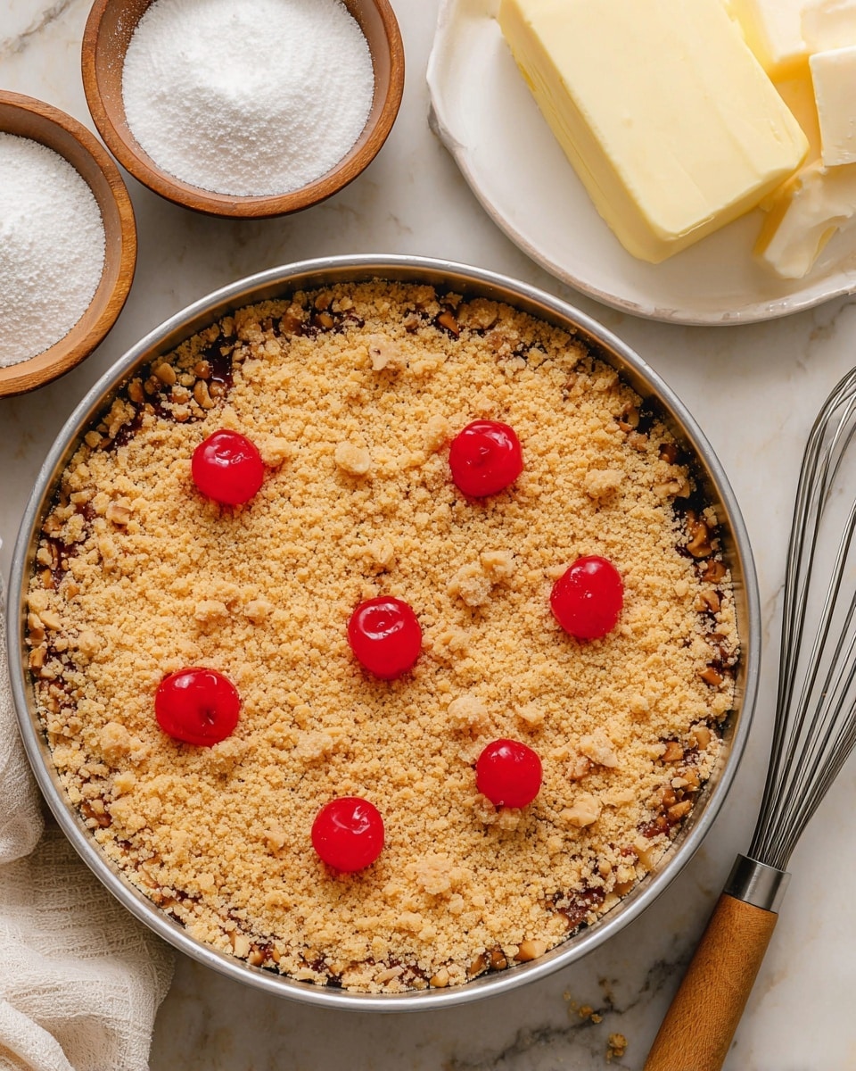 A round baking pan filled with a layered dessert where the bottom layer is hidden but topped with a crumbly, light brown layer that looks like crushed biscuits or nuts mixed with small walnut pieces visible on the edges. Five bright red maraschino cherries are evenly placed on top, partially buried in the crumb layer. In the background, there is a block of white solid fat on a small white plate and a block of yellow butter on its wrapper, along with a silver whisk with a wooden handle on a white marbled surface. Nearby are two small wooden bowls filled with white powdered sugar and white granulated sugar. Photo taken with an iphone --ar 4:5 --v 7