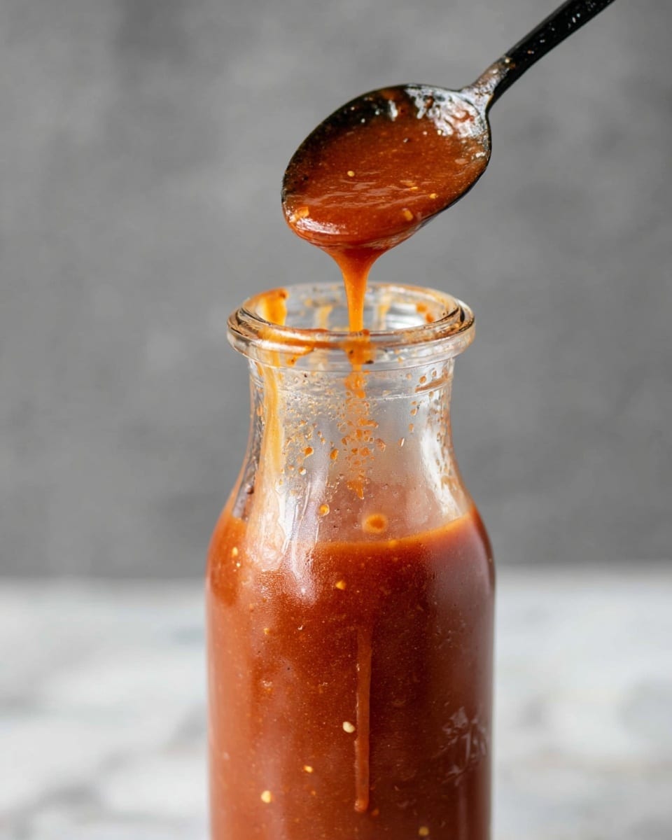 A close-up view of a glass bottle filled with thick, reddish-brown sauce, showing small black specks throughout the sauce. A black spoon lifts some sauce above the bottle neck, letting the sauce drip slowly back in. The spoon handle shows sauce residue, and the bottle has some sauce drips on the clear glass around the neck. The background is a simple grey gradient, and the bottle is placed on a white surface with a white marbled texture. photo taken with an iphone --ar 4:5 --v 7